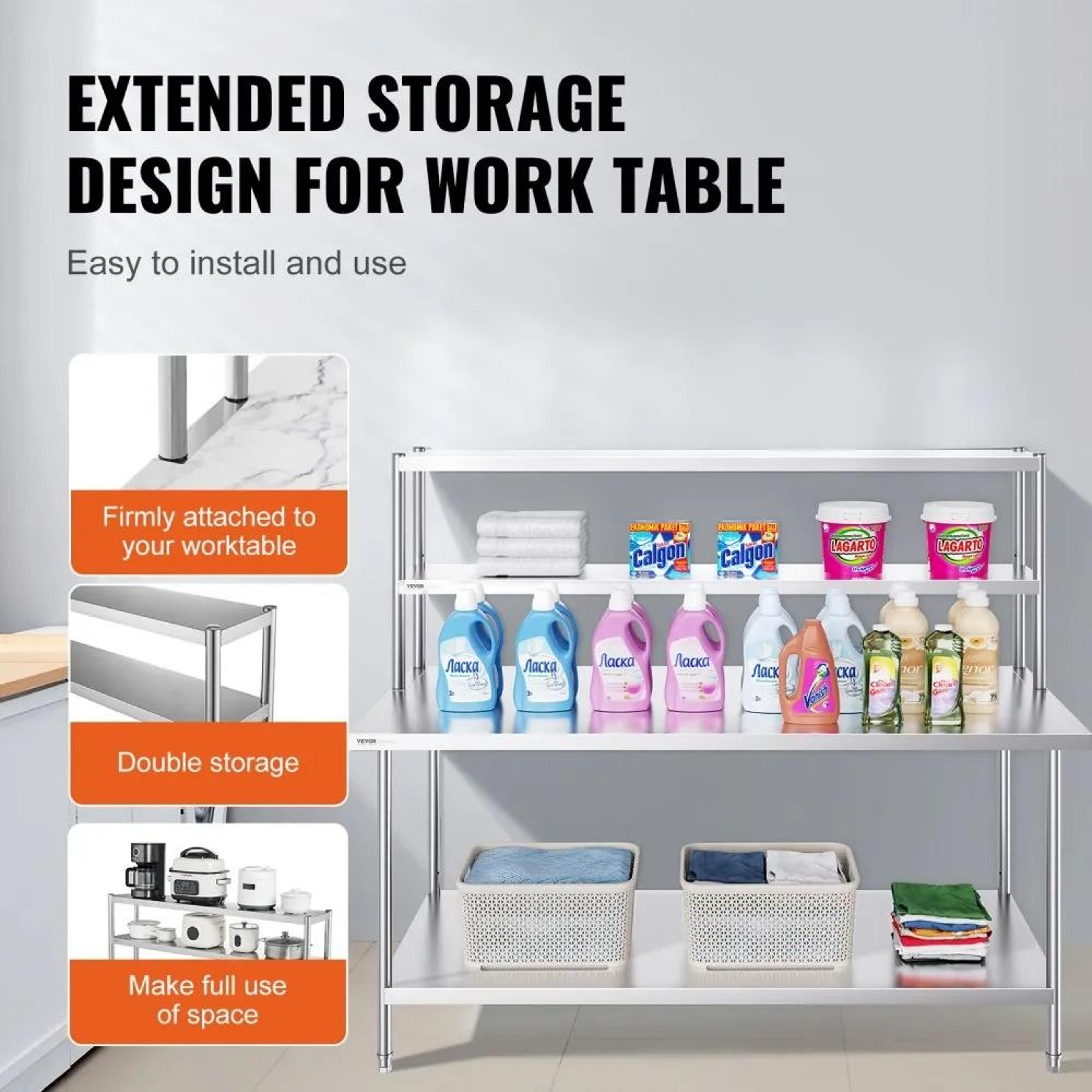 Stainless Steel Double Tier Overshelf Adjustable Commercial Prep Table Shelf 3