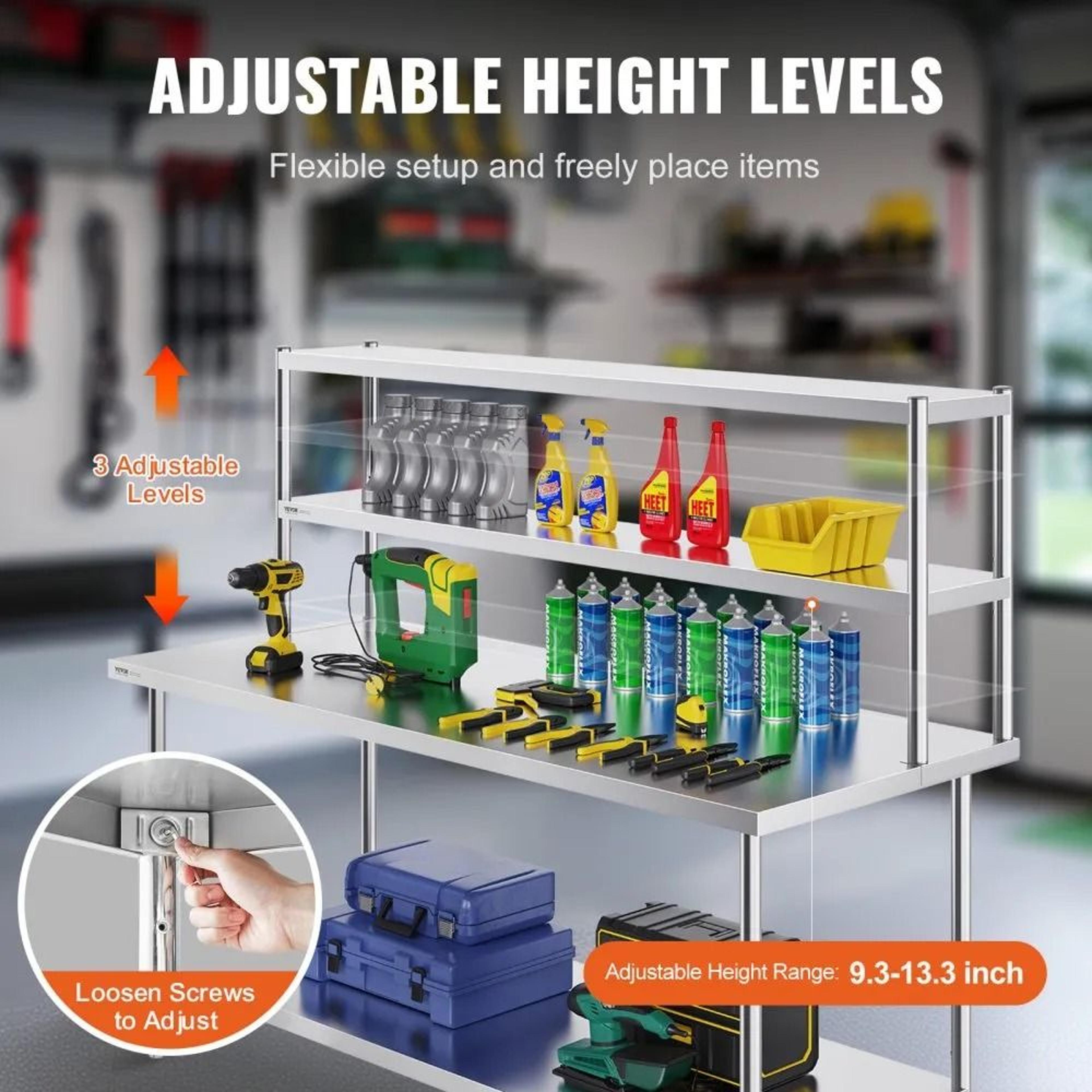 Stainless Steel Double Tier Overshelf Adjustable Commercial Prep Table Shelf 2