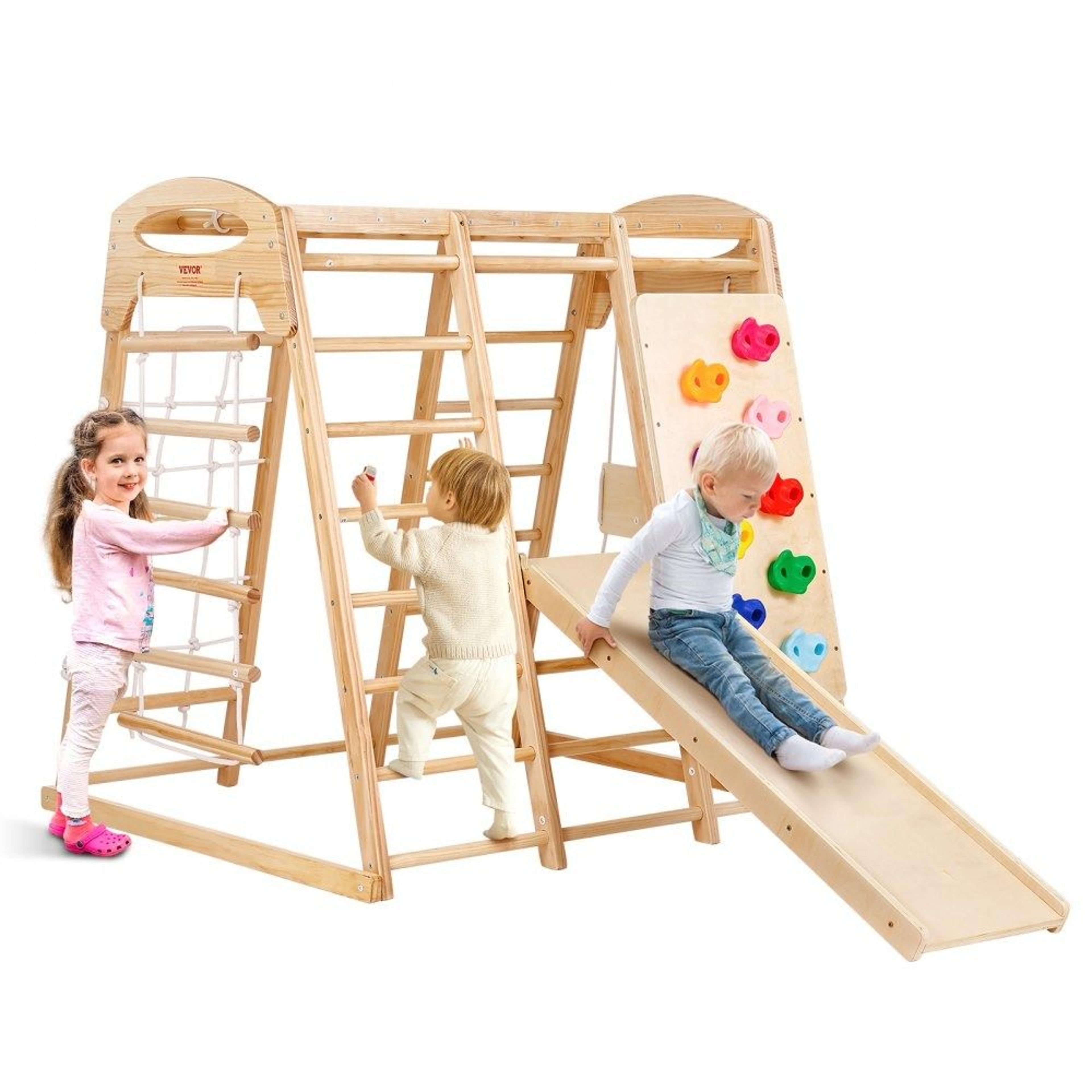 7 in 1 indoor jungle gym wooden toddler playground with slide swing and climbing wall