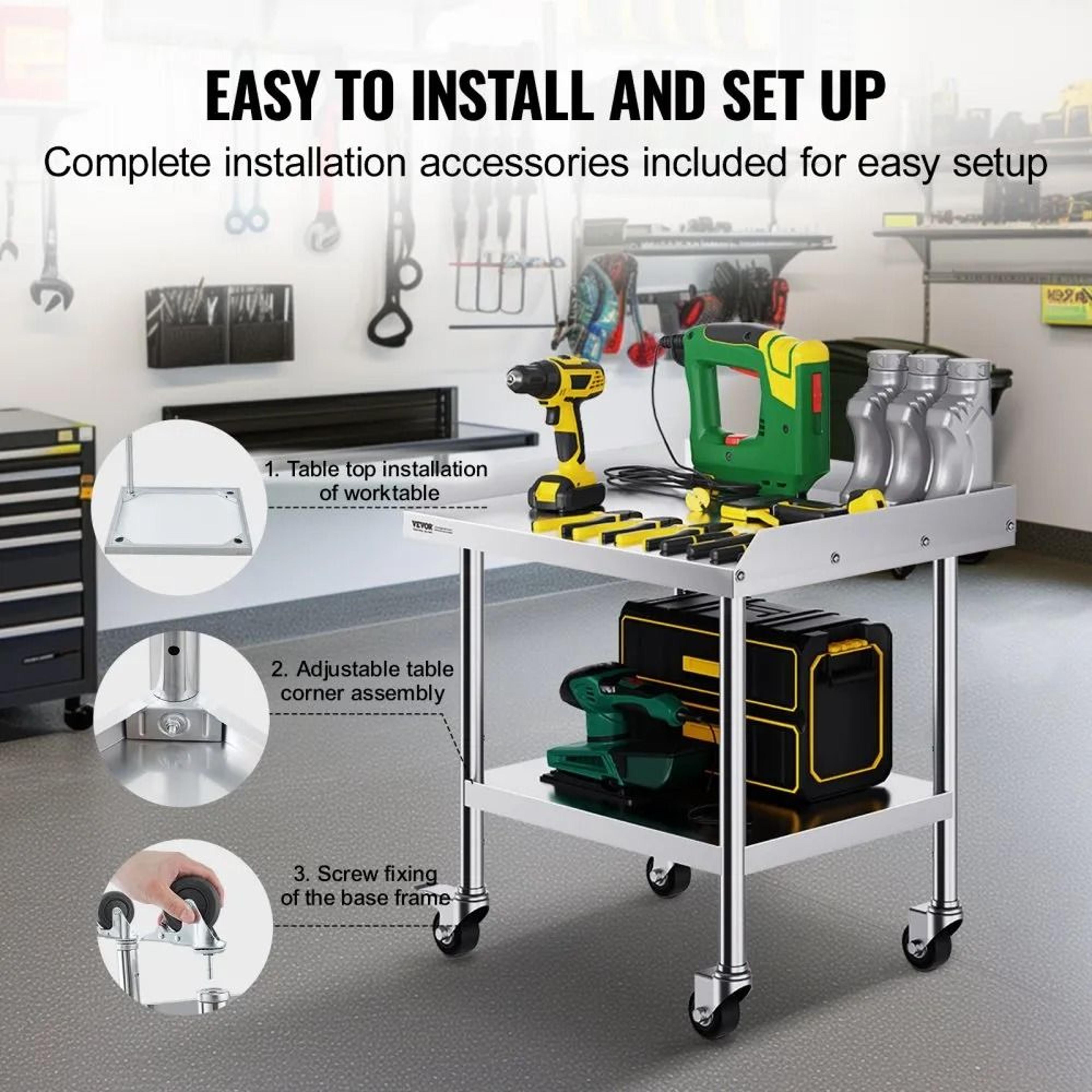 Stainless Steel Work Table With Wheels Adjustable Shelf And 3 Sided Backsplash 2