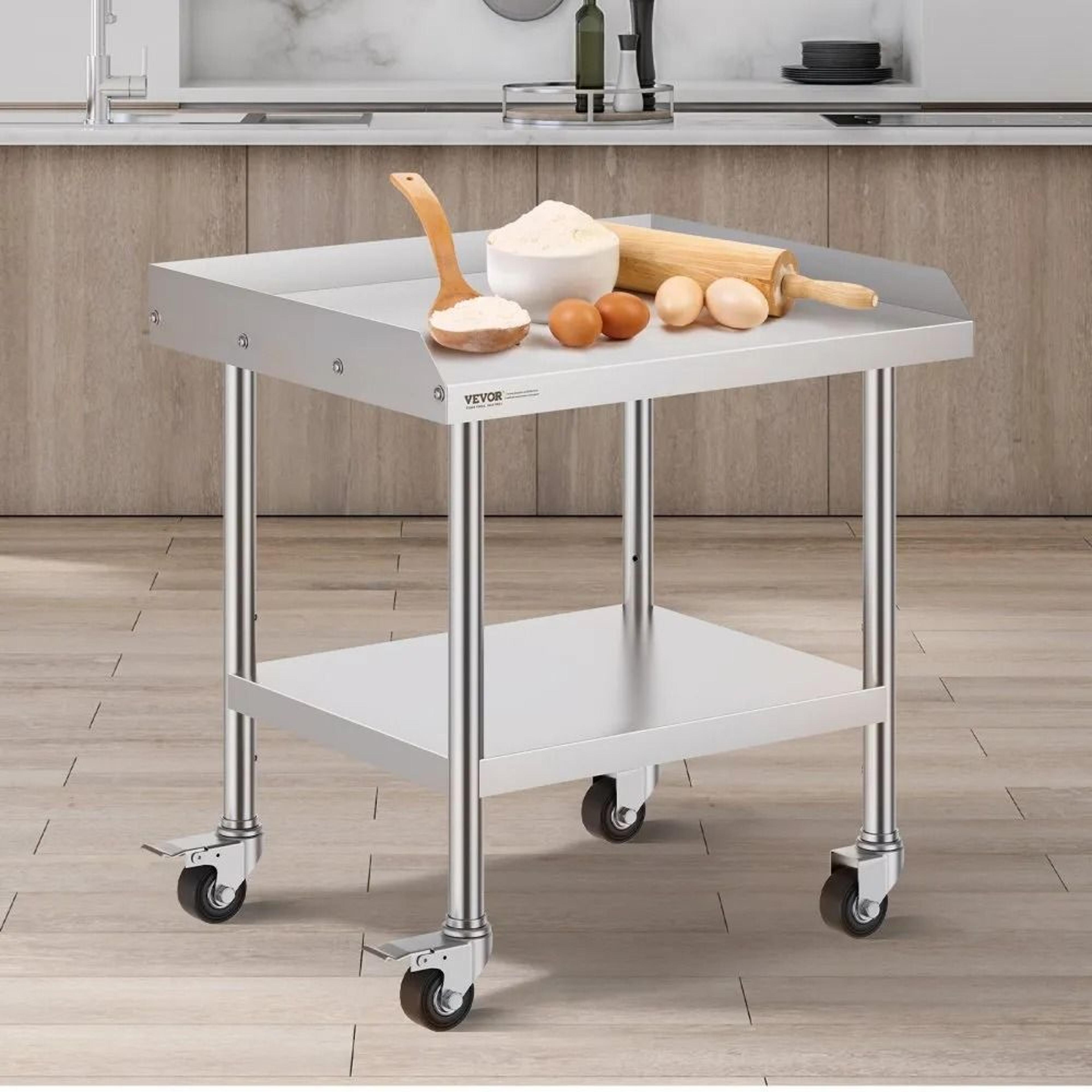 Stainless Steel Work Table With Wheels Adjustable Shelf And 3 Sided Backsplash 6