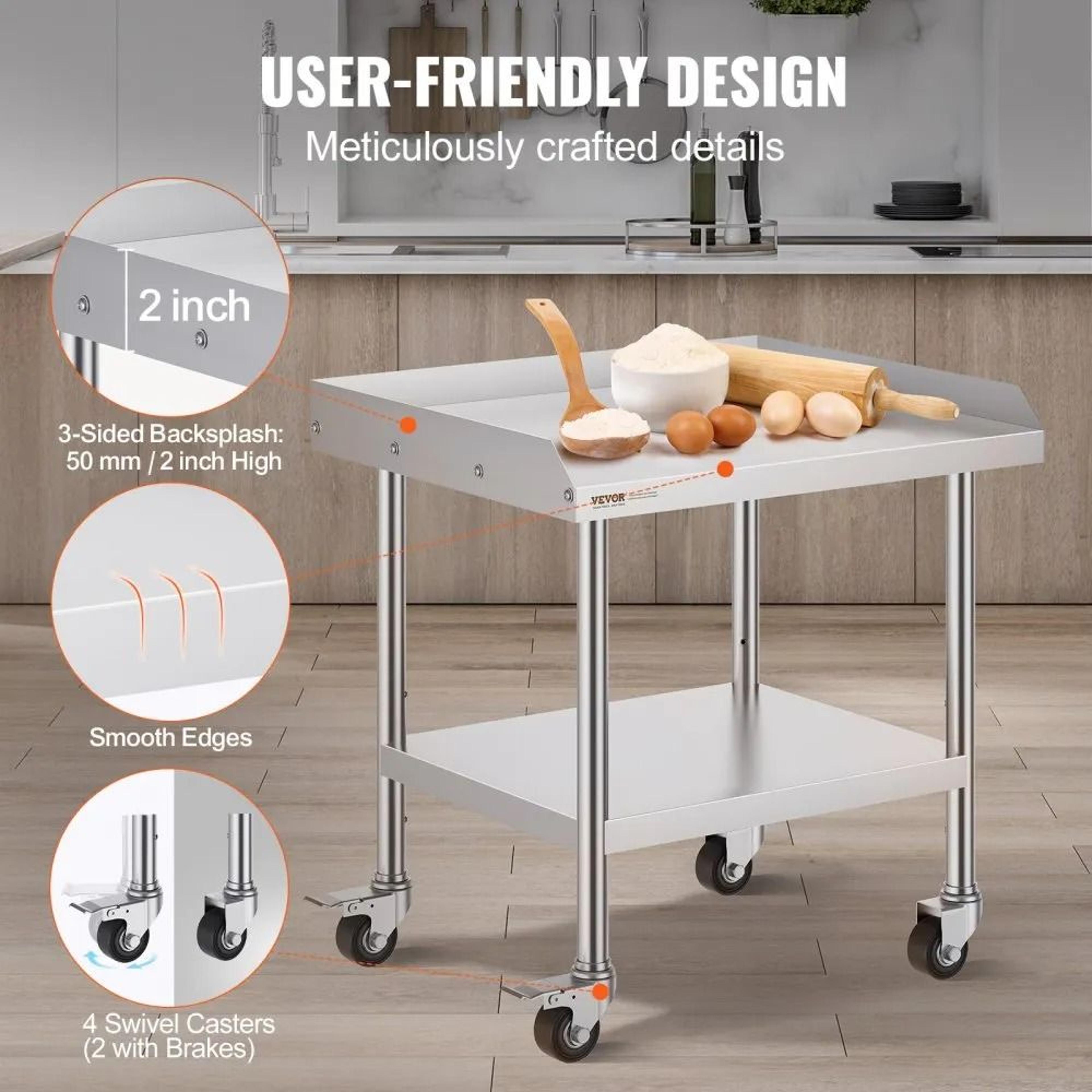 Stainless Steel Work Table With Wheels Adjustable Shelf And 3 Sided Backsplash 1