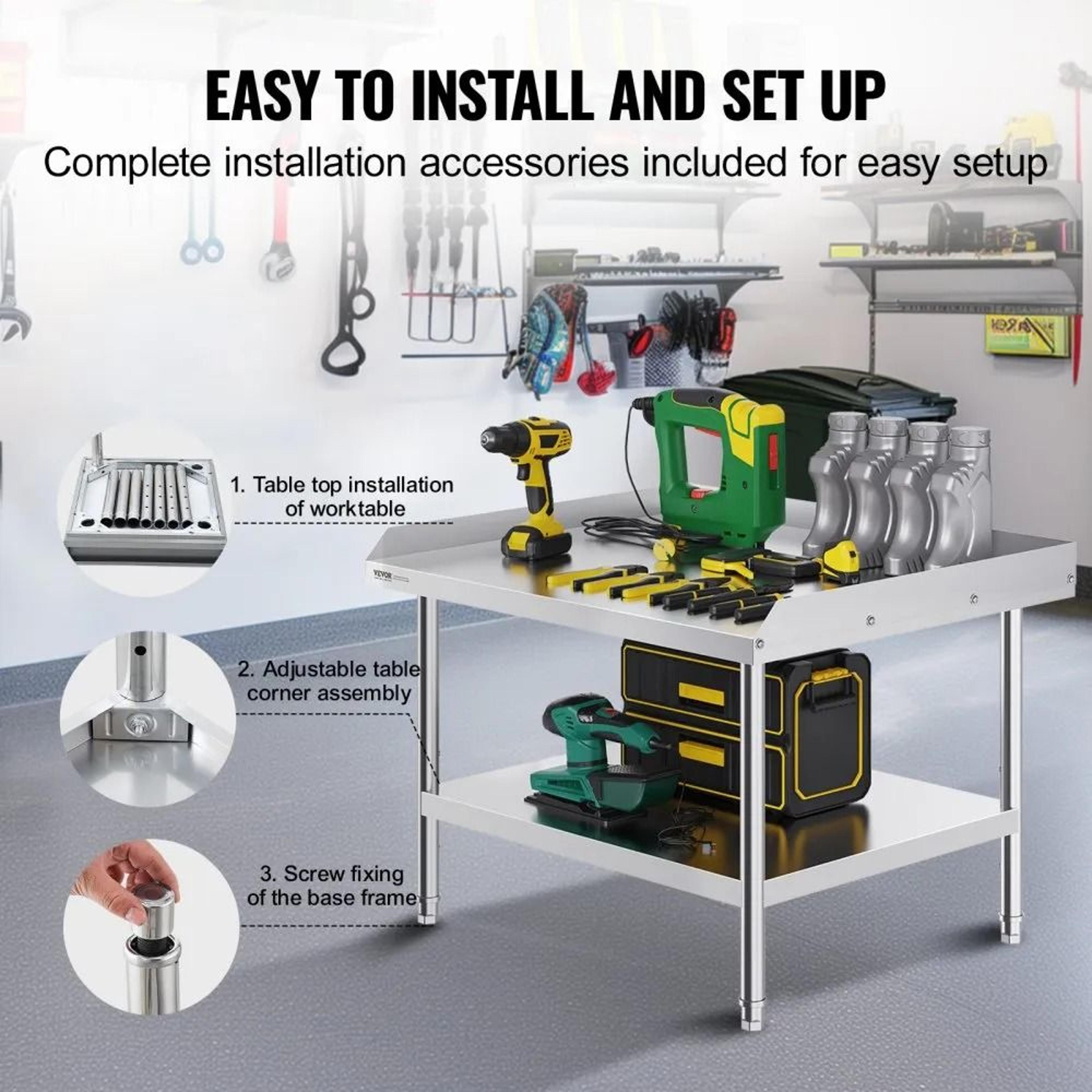 Heavy Duty Stainless Steel Work Table With Adjustable Shelf And 3 Sided Backsplash 2