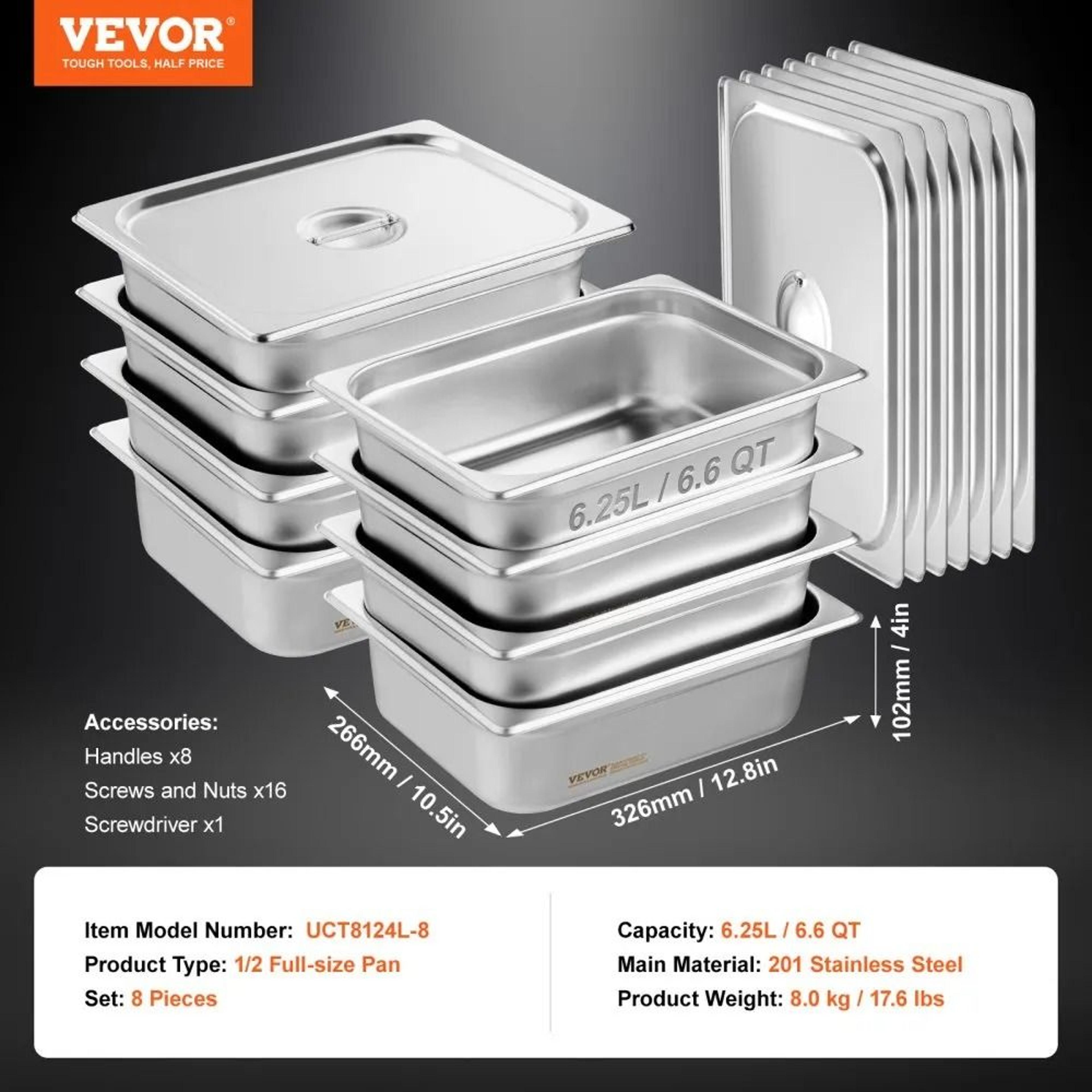 Half Size Hotel Pans With Lids Anti Jam Stainless Steel Steam Table Pans 8 Pack 6