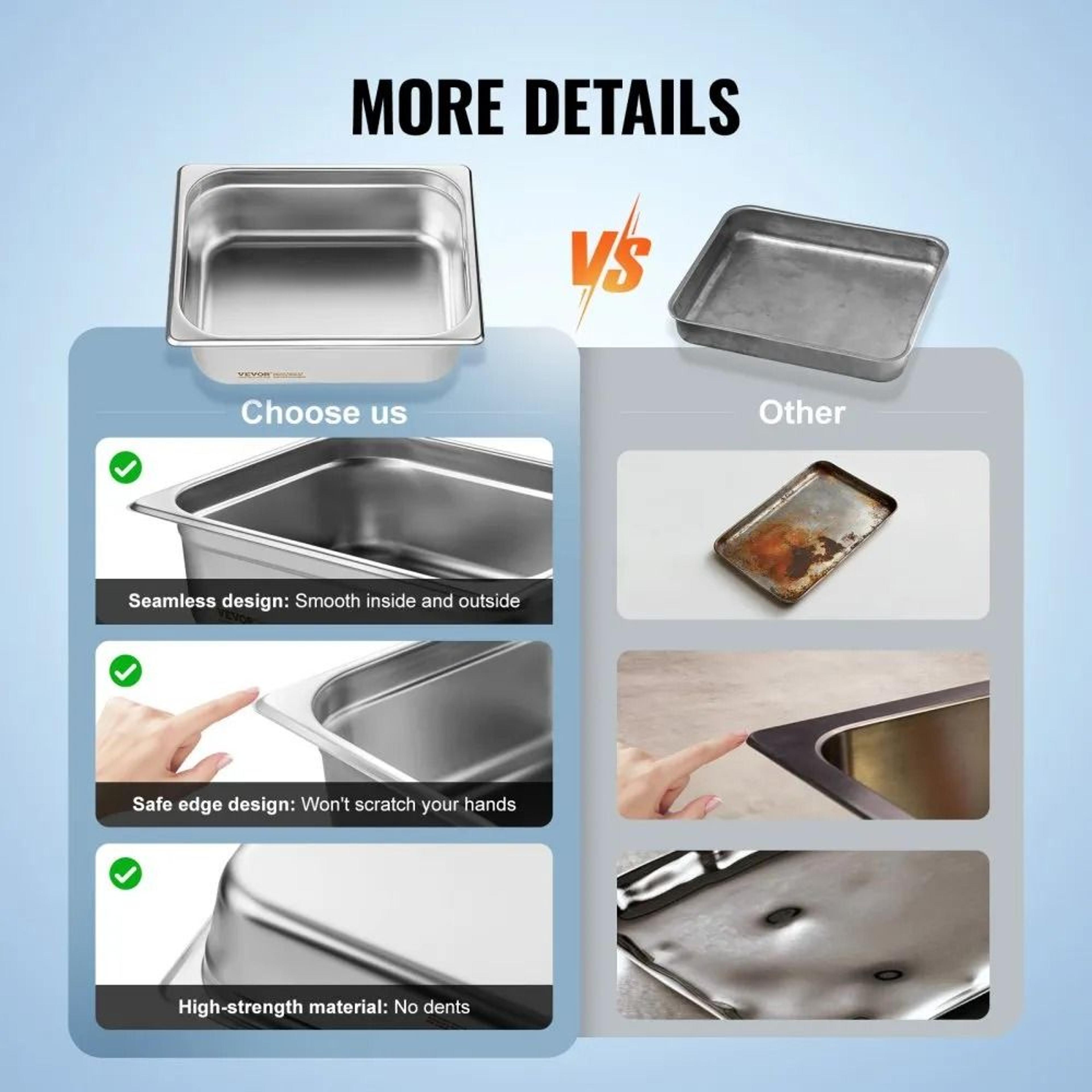 Half Size Hotel Pans With Lids Anti Jam Stainless Steel Steam Table Pans 8 Pack 3