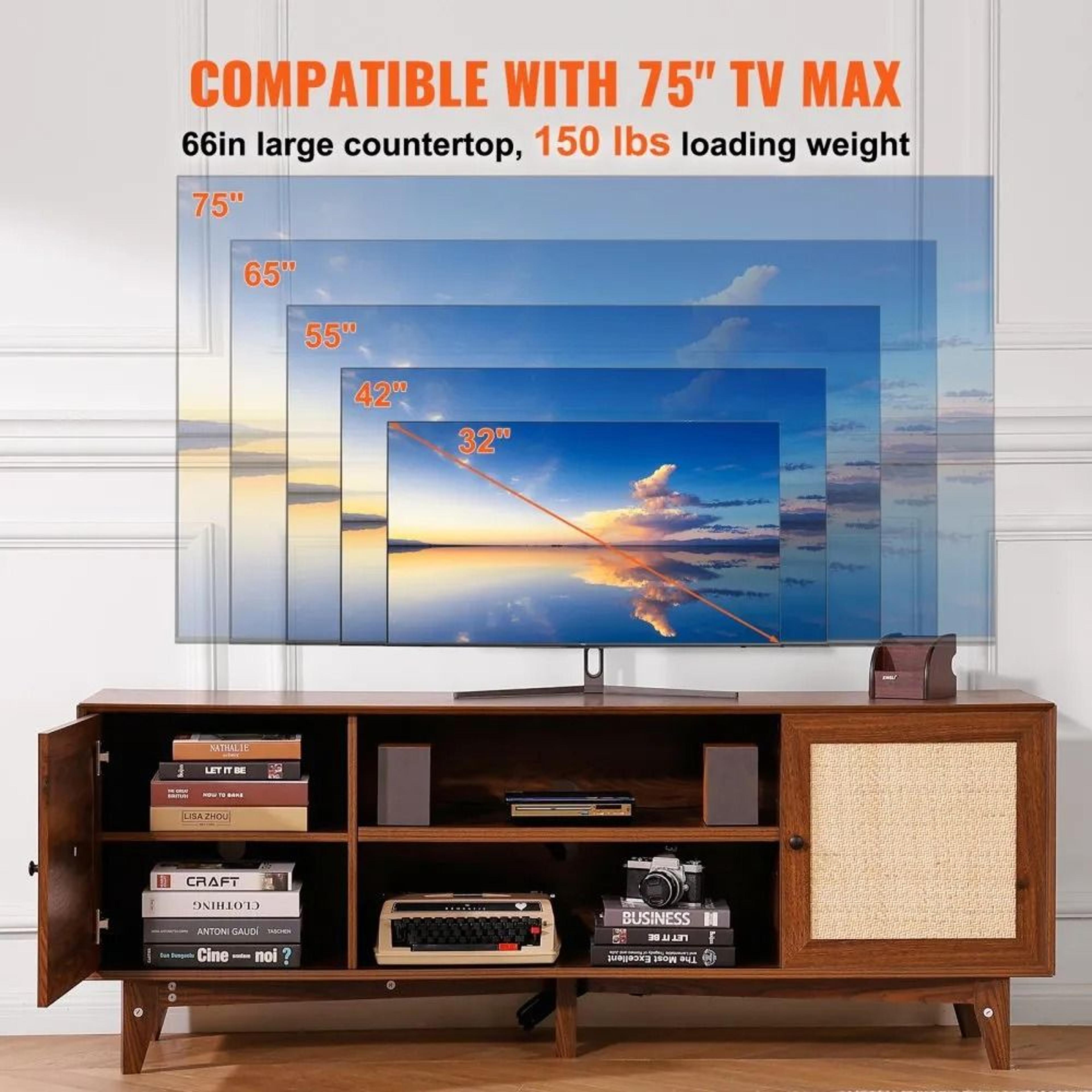 Rattan TV Stand For 75 Inch TV With Storage And Built In Power Outlet 2