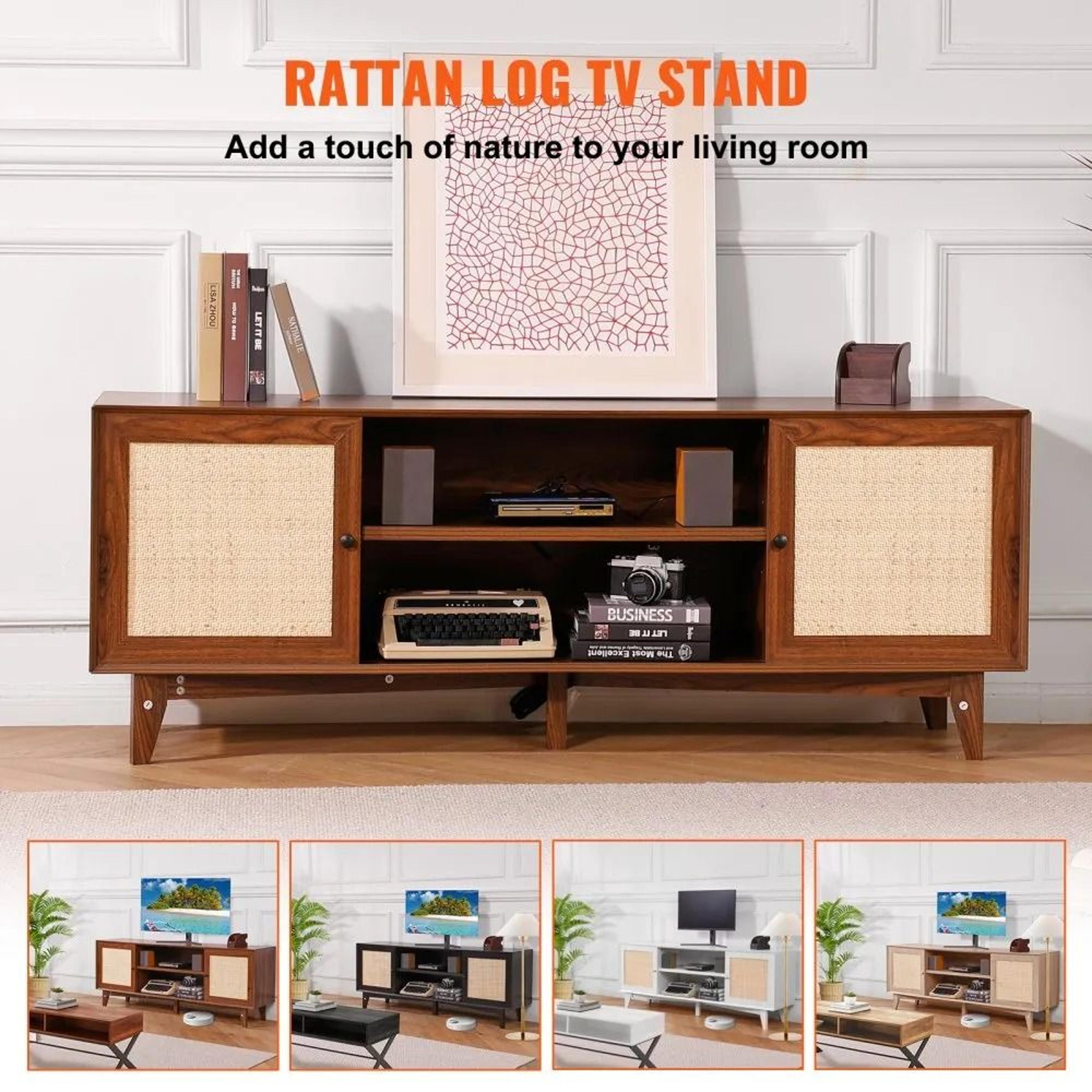 Rattan TV Stand For 75 Inch TV With Storage And Built In Power Outlet 3