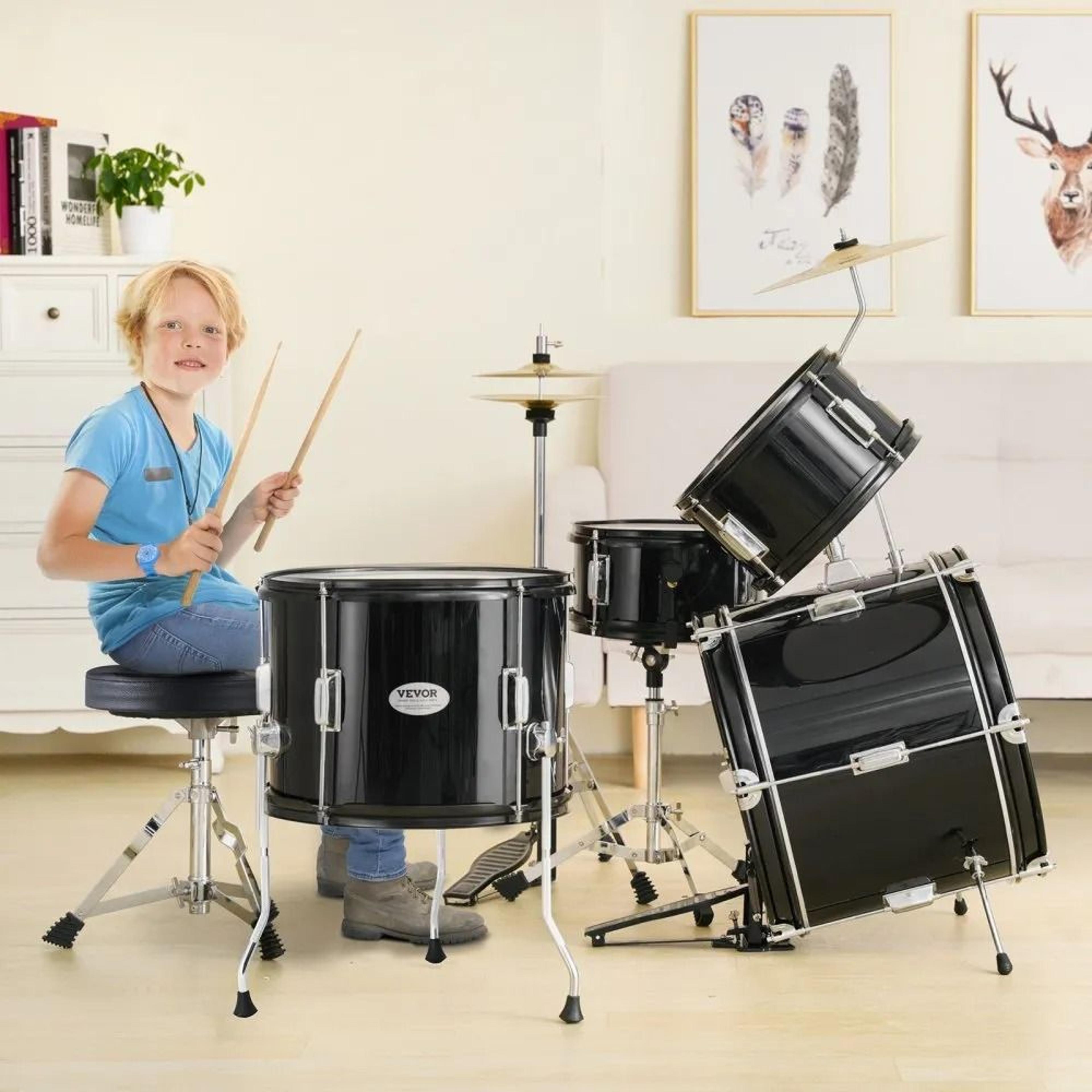5 Piece Kids Drum Set With Adjustable Throne And Complete Beginner Drum Kit 5