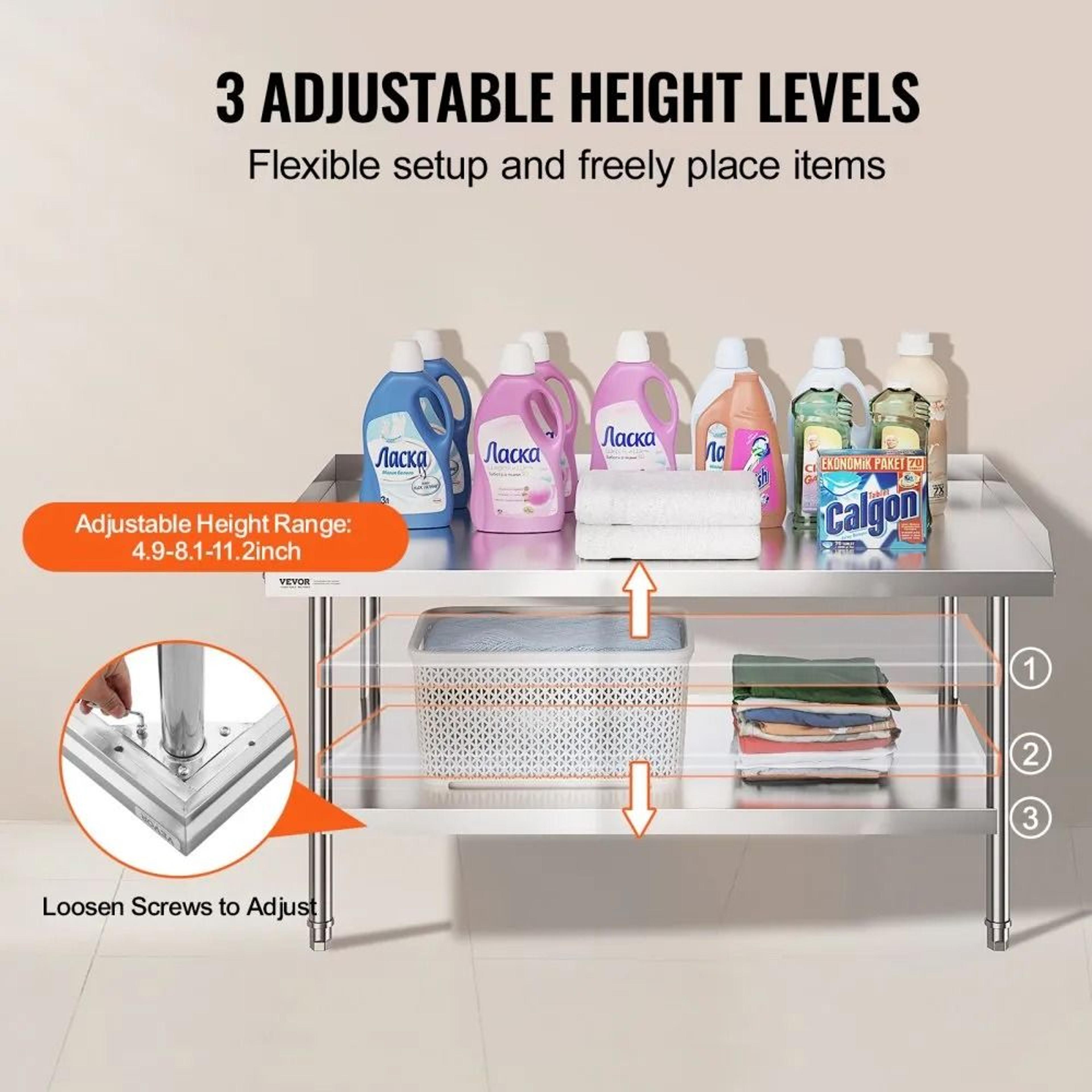 Stainless Steel Prep Work Table With Adjustable Shelf And 3 Sided Backsplash 5