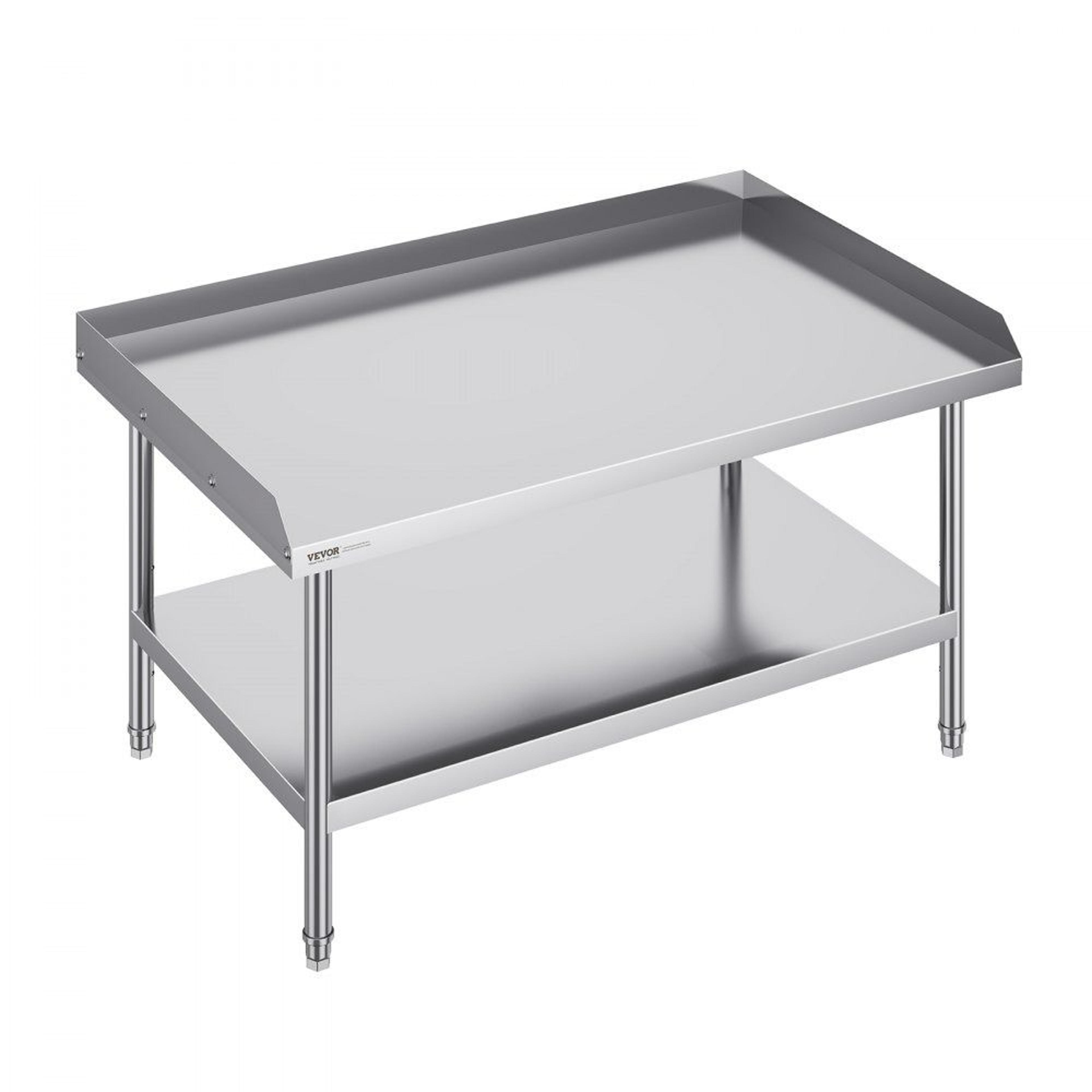 stainless steel prep work table with adjustable shelf and 3 sided backsplash