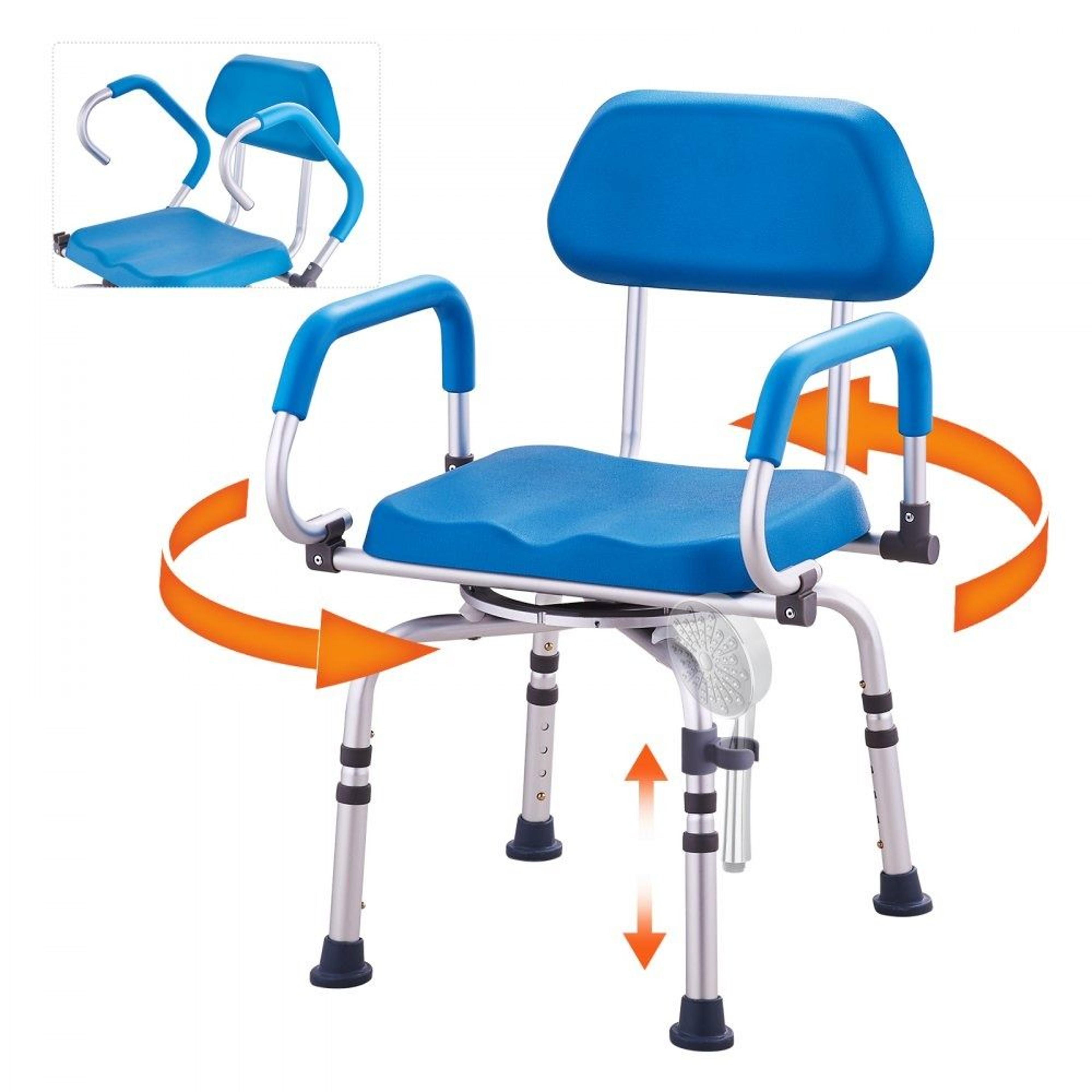 swivel shower chair with adjustable height padded seat and pivoting arms