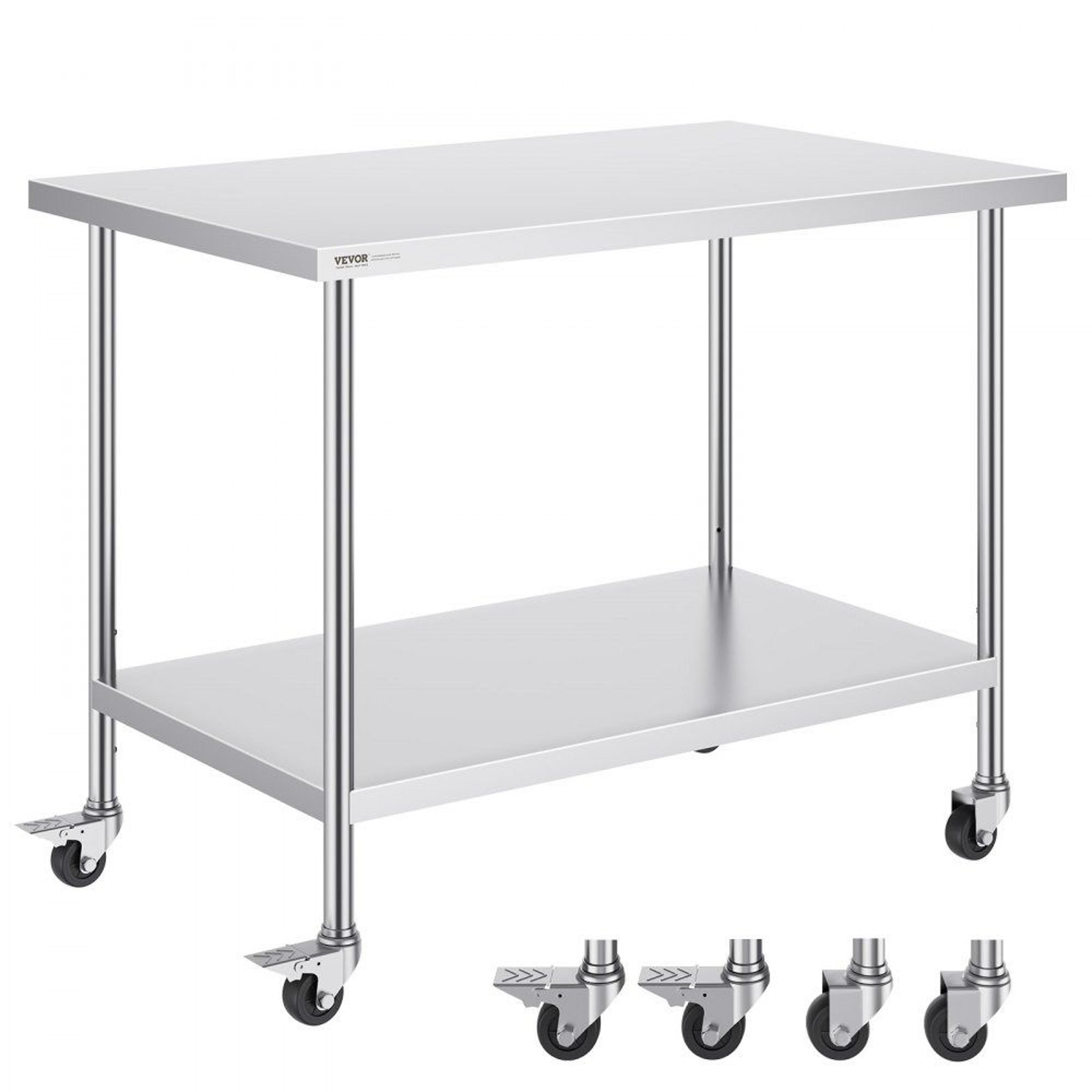 stainless steel work table with wheels and adjustable shelf for commercial kitchens