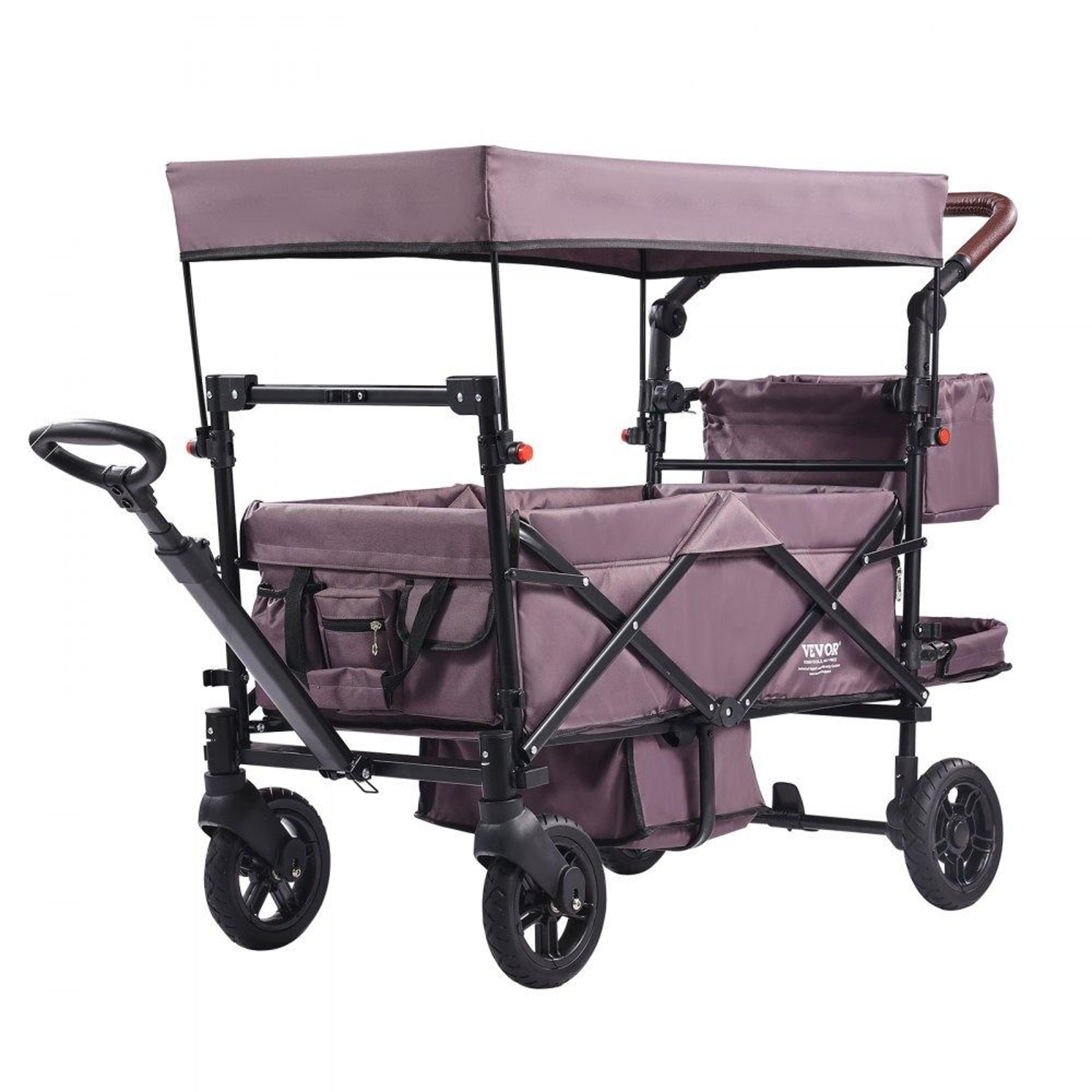 collapsible wagon stroller for 2 kids with adjustable handle canopy and shock absorbing wheels