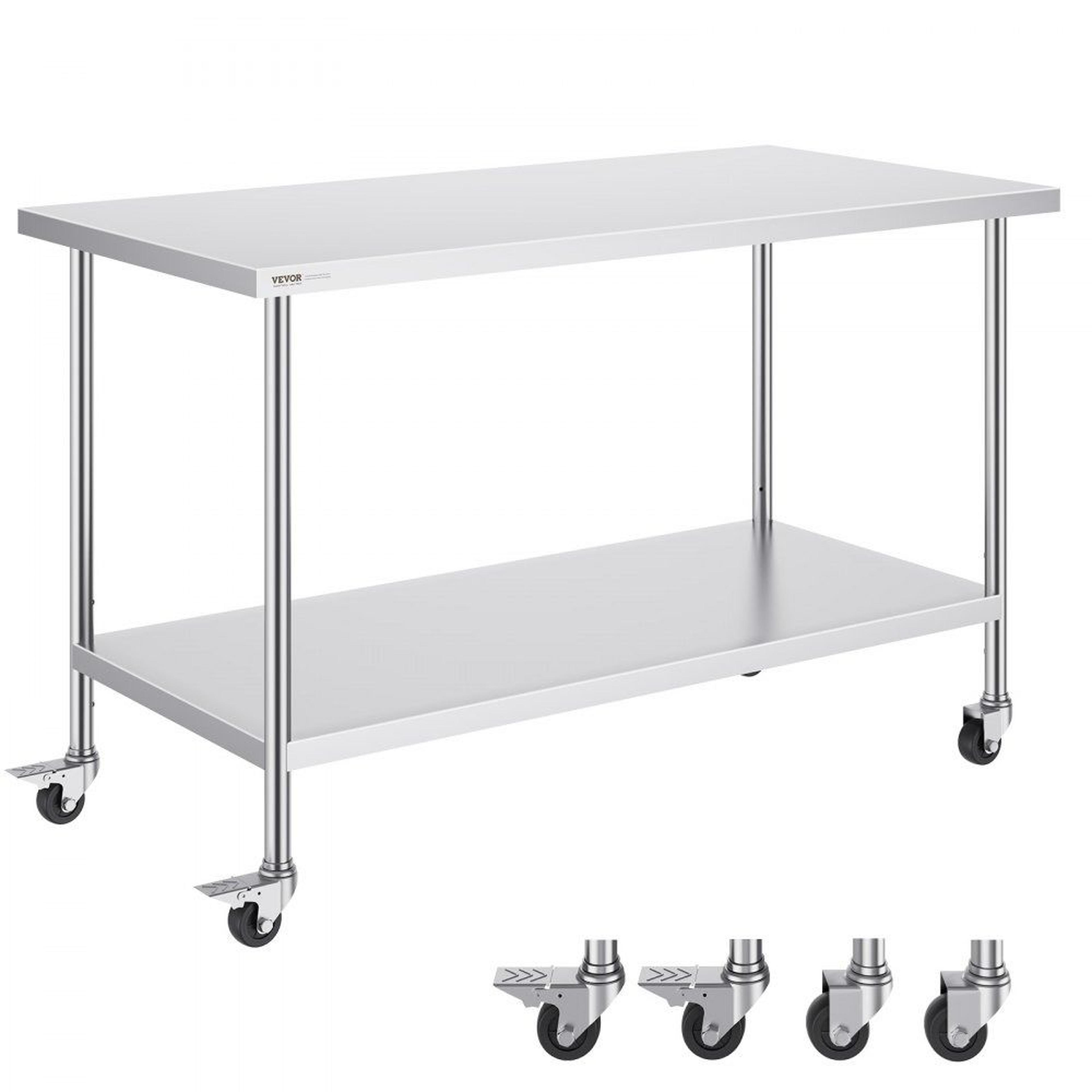 commercial stainless steel work table with wheels and adjustable shelf