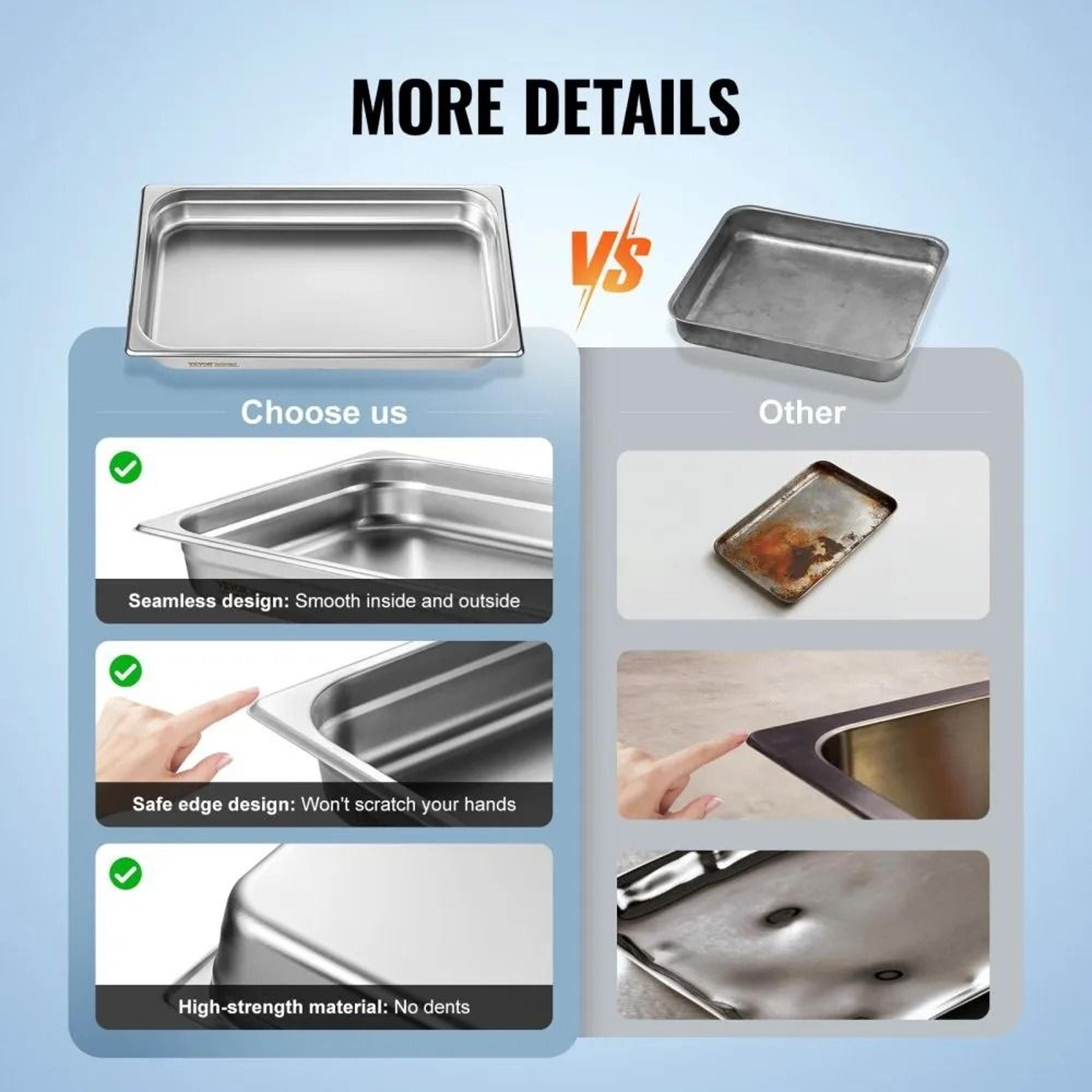 Full Size Stainless Steel Hotel Pans 6 Pack Anti Jam Commercial Steam Table Pans 6