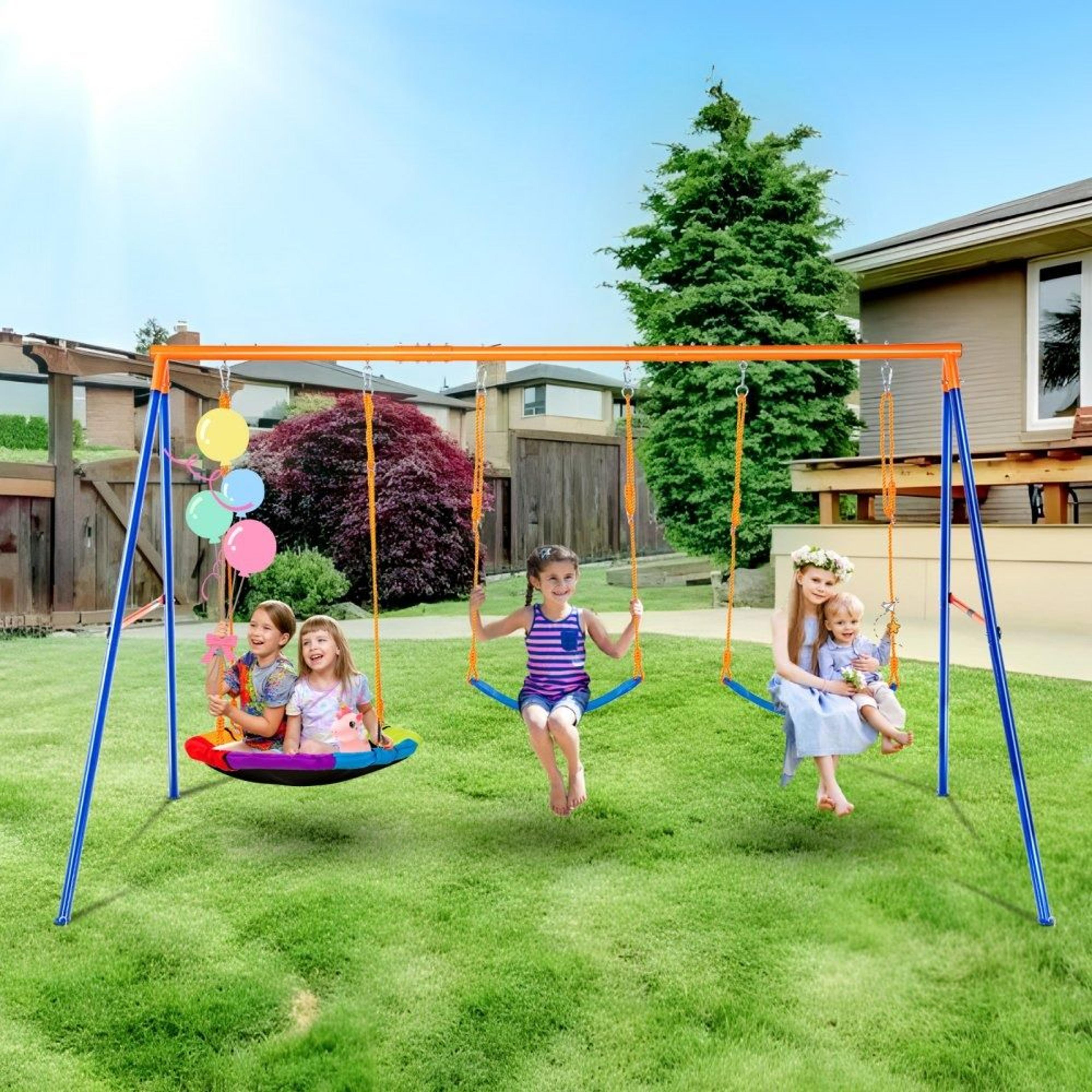 heavy duty backyard swing set with saucer and 2 belt seats for kids