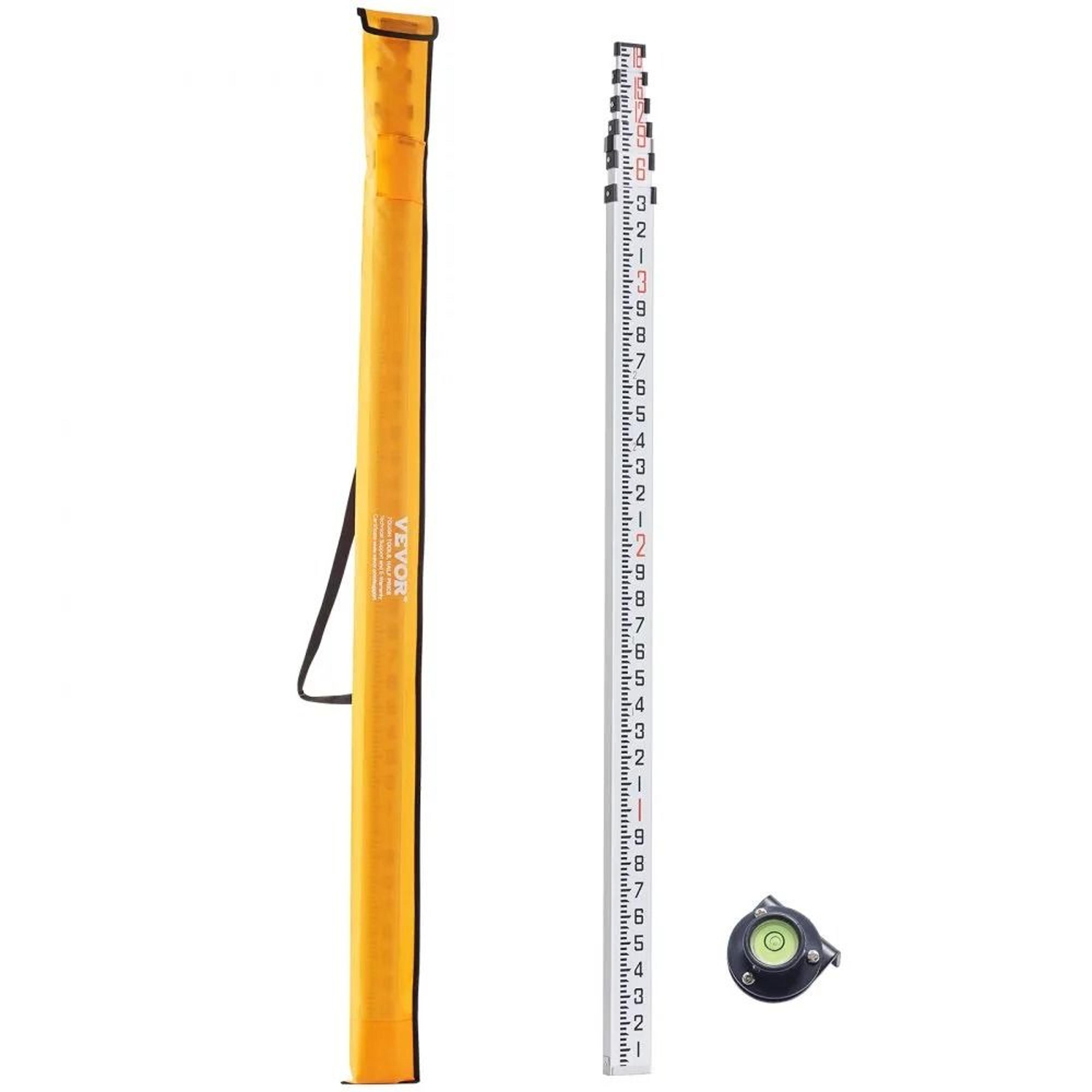 18 ft telescopic aluminum grade rod with bubble level and dual sided measuring scale