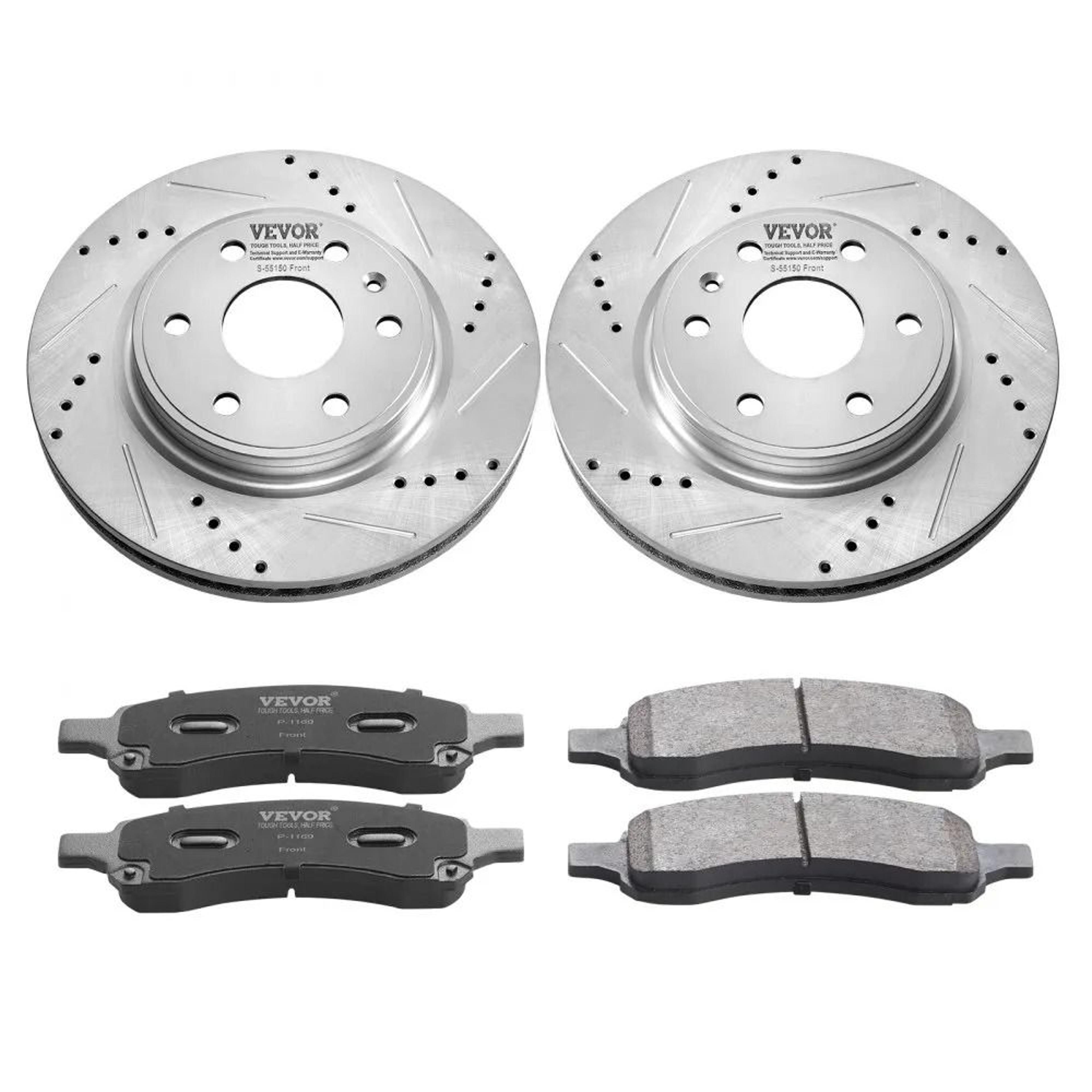 front brake kit with drilled and slotted rotors and ceramic brake pads