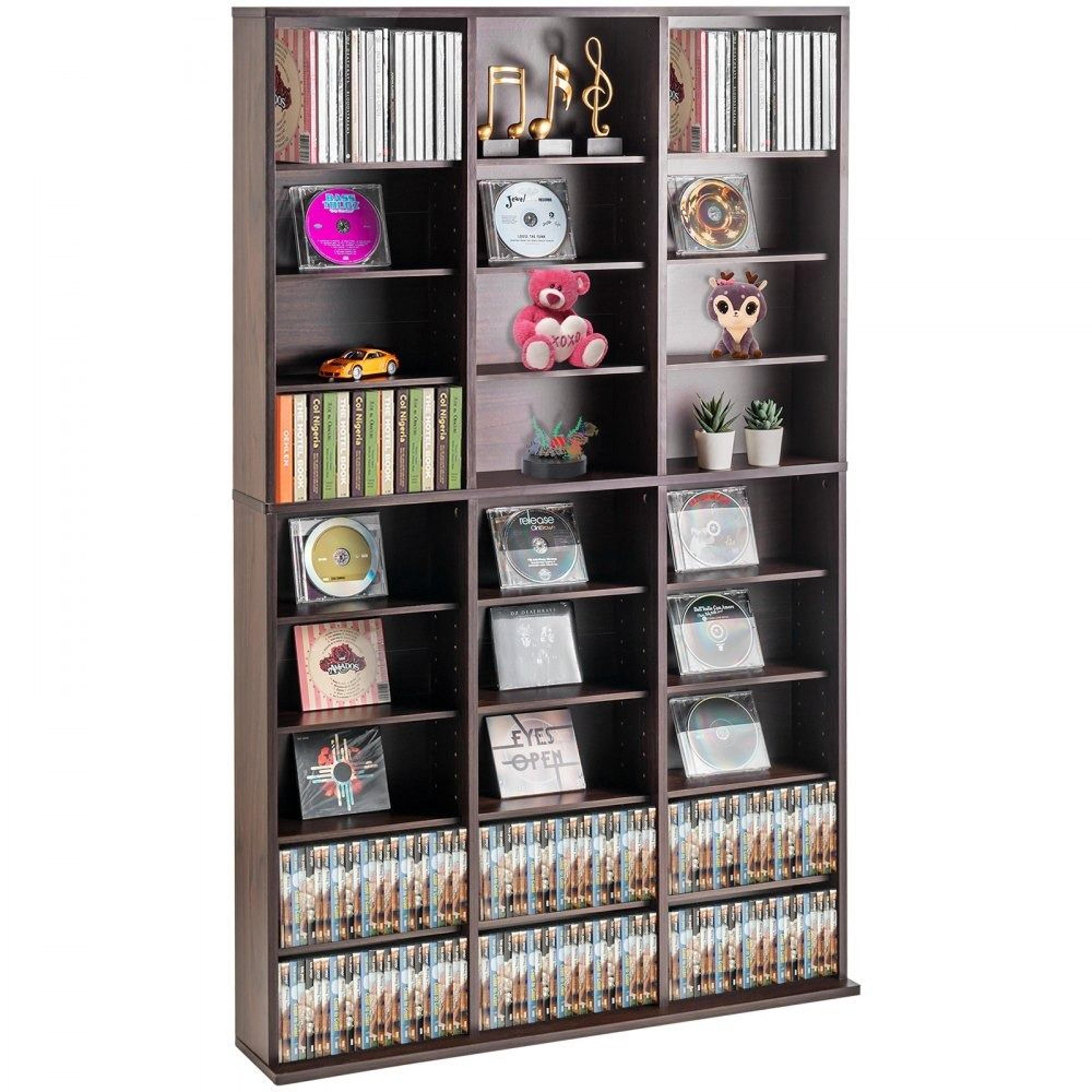 adjustable media storage cabinet with 9 shelves and 27 compartments
