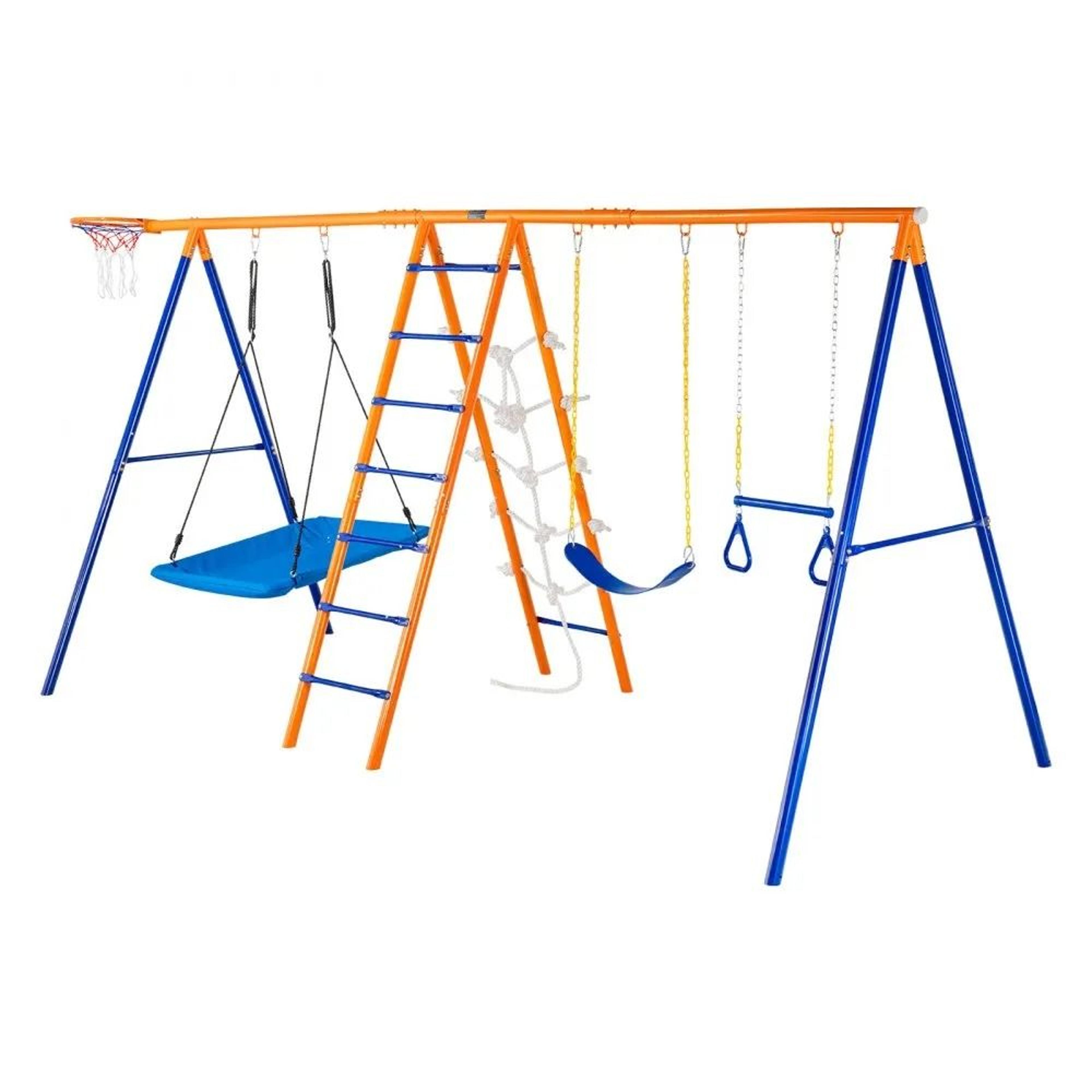 6 in 1 backyard swing set with climbing net basketball hoop and 440 lb capacity