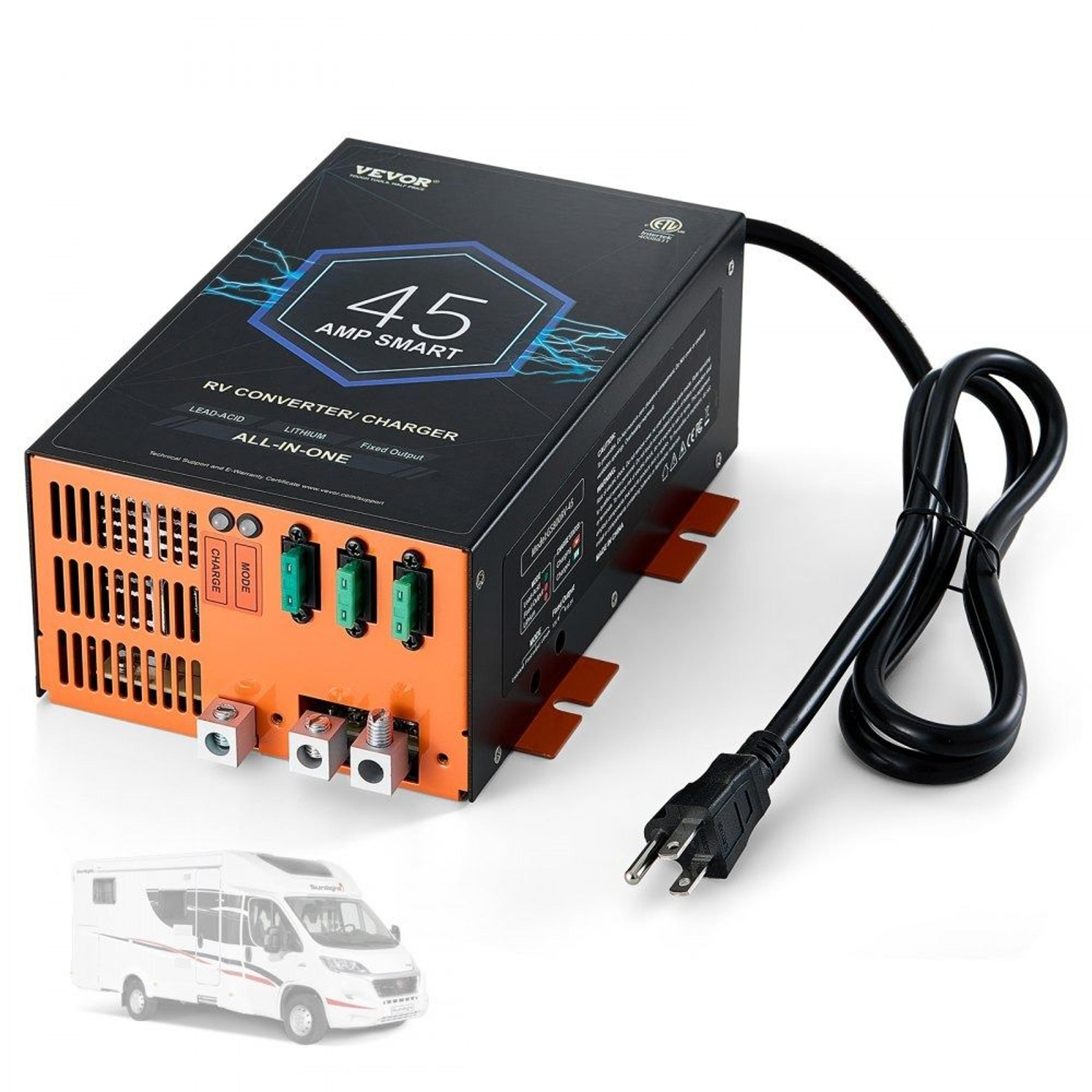 45 amp rv power converter battery charger with smart charging for lithium and lead acid batteries