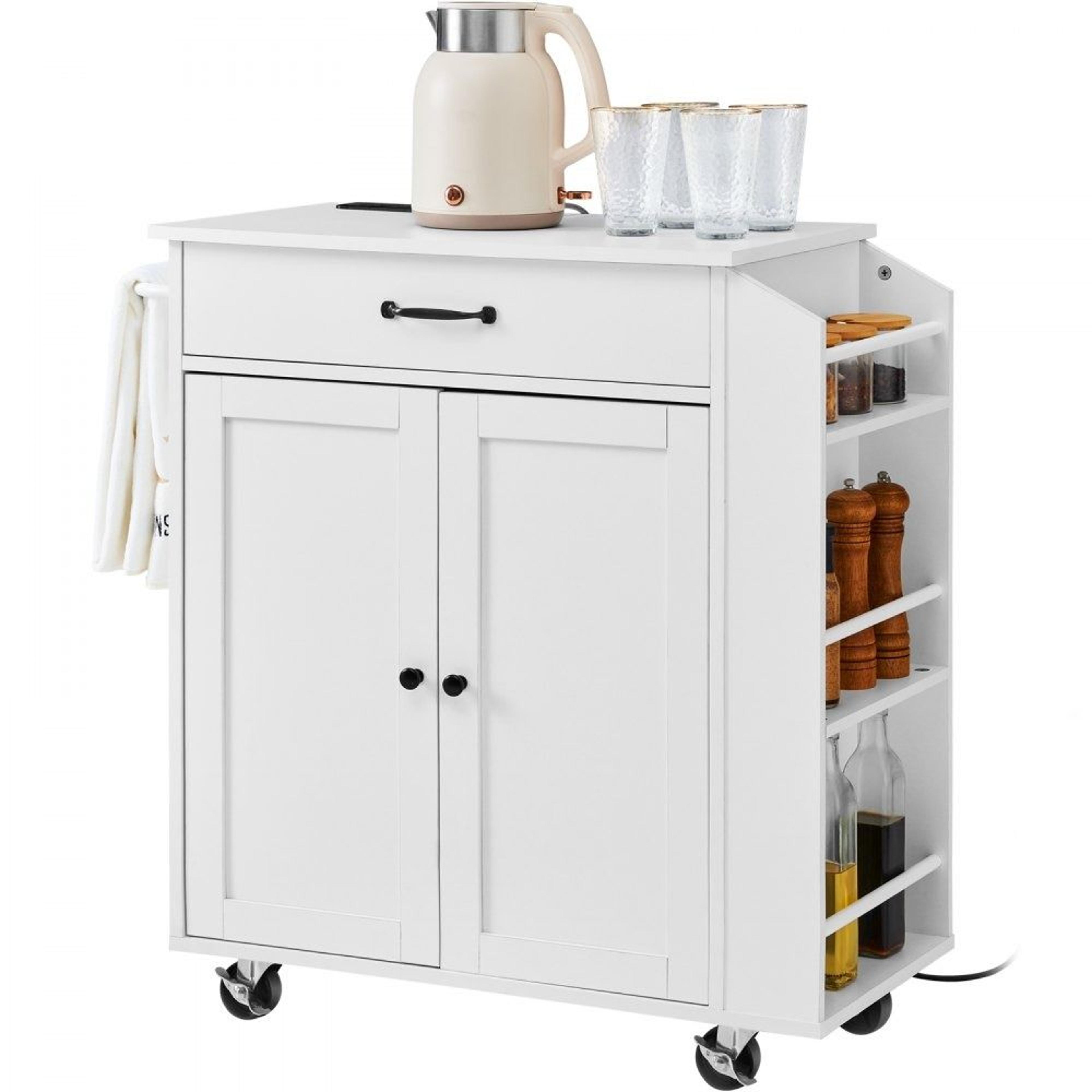 32 inch rolling kitchen island cart with power outlet storage cabinet and adjustable shelf