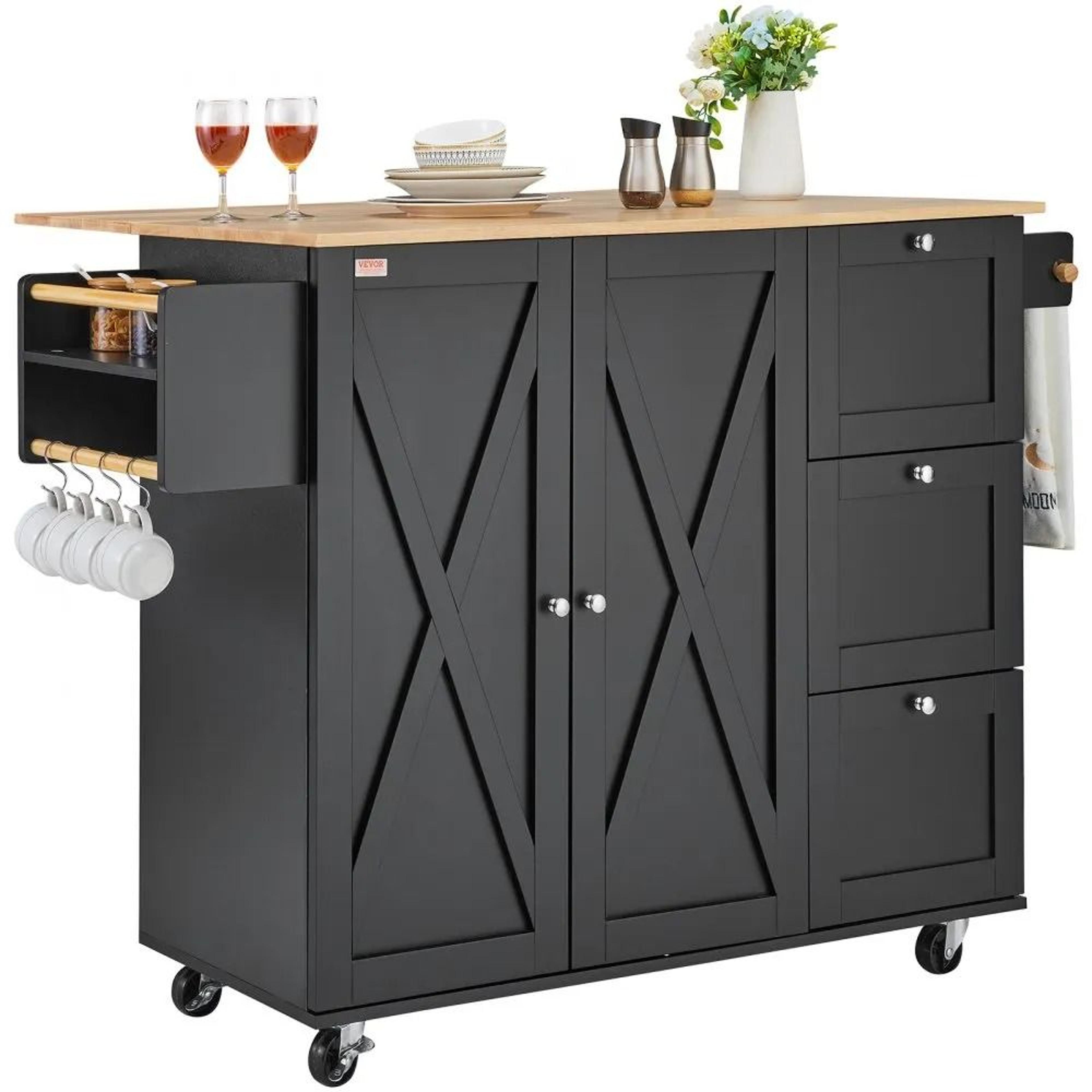 56 inch rolling kitchen island cart with drop leaf storage cabinet and wood top