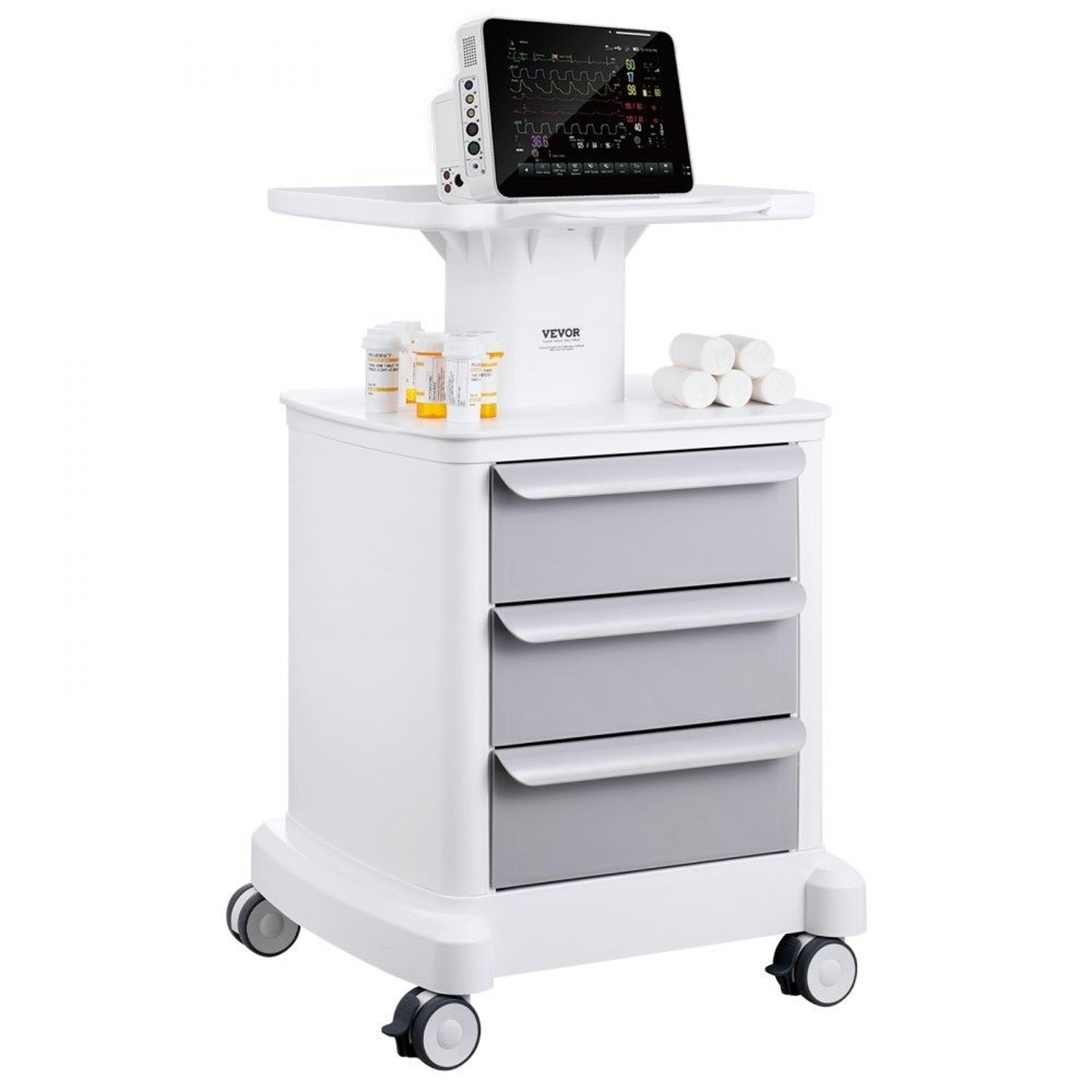 4 tier lab utility cart with 3 drawers 110 lb capacity silent locking wheels