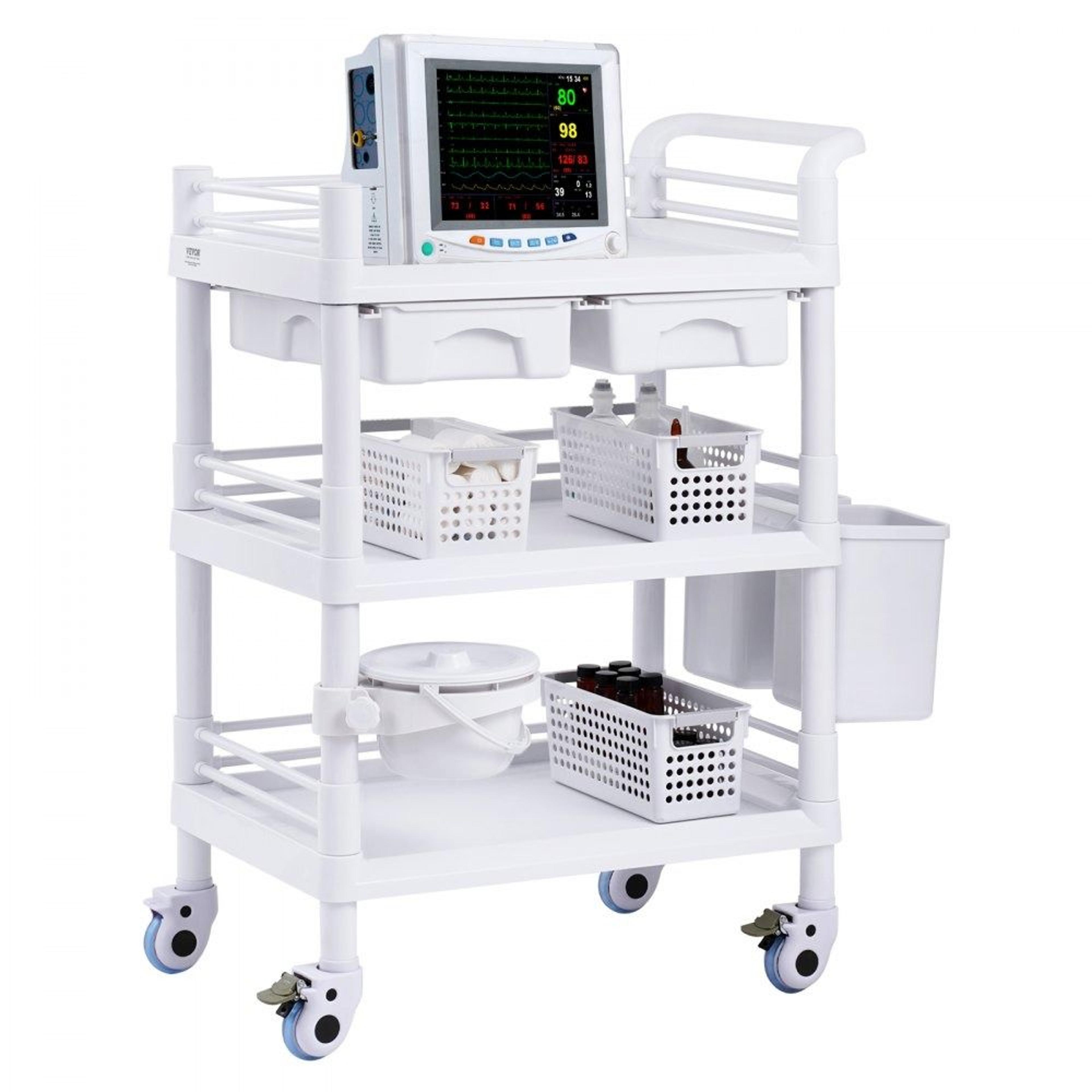 3 tier lab cart with storage trays silent wheels and trash cans