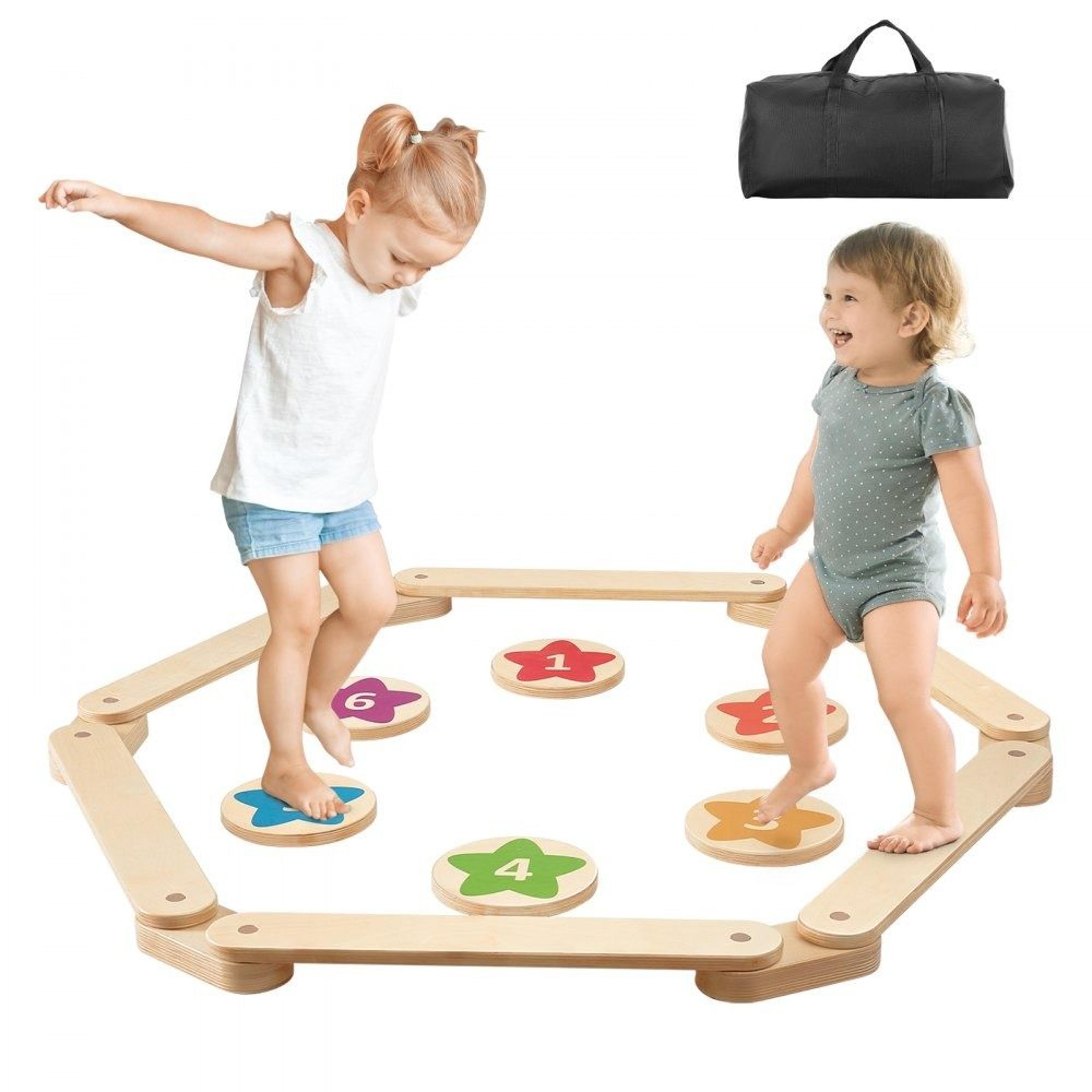 kids wooden balance beam and stepping stones montessori obstacle course