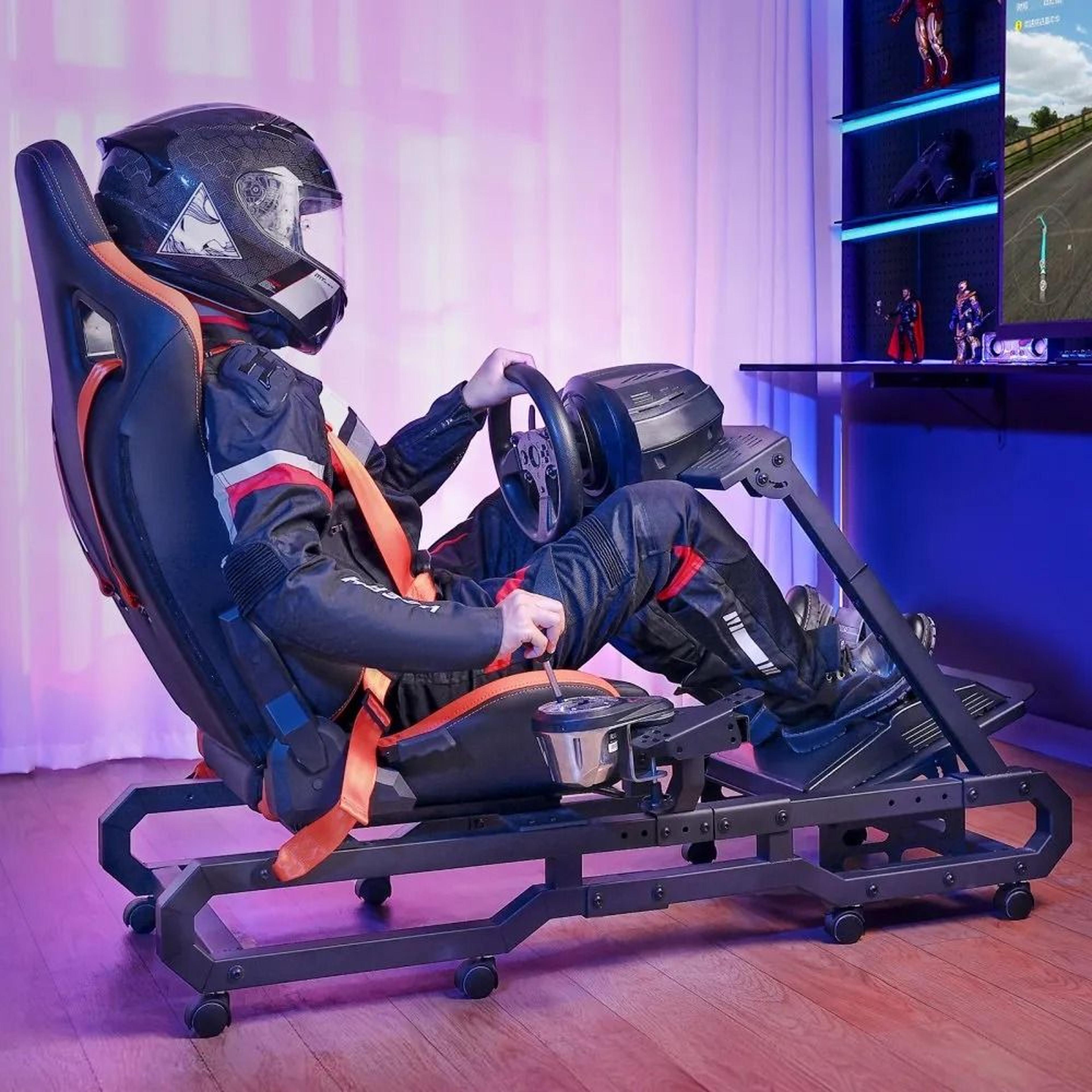 Racing Wheel Stand With Seat Adjustable Steel Sim Racing Cockpit With Wheels 6