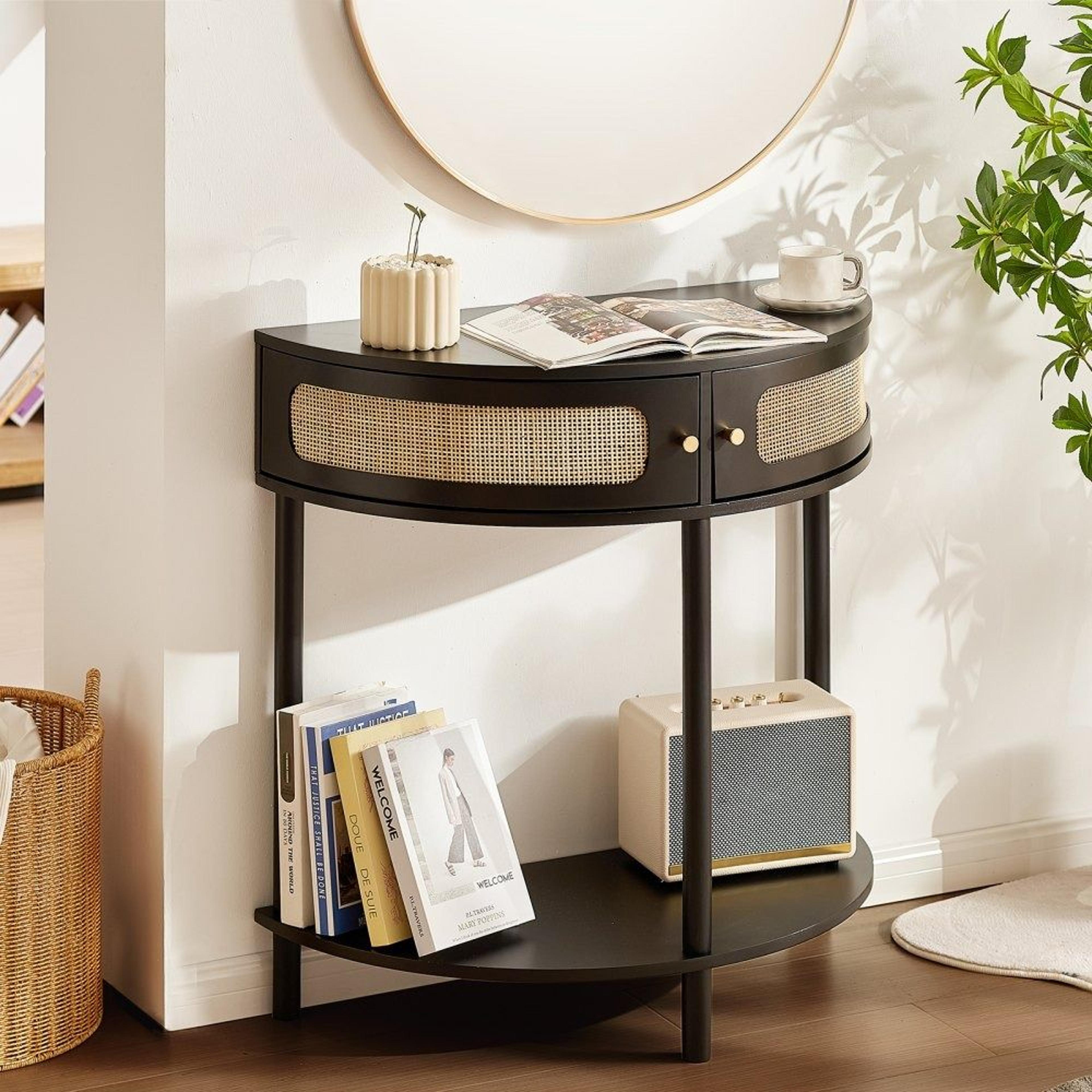 half moon rattan console table with drawers sliding door and storage