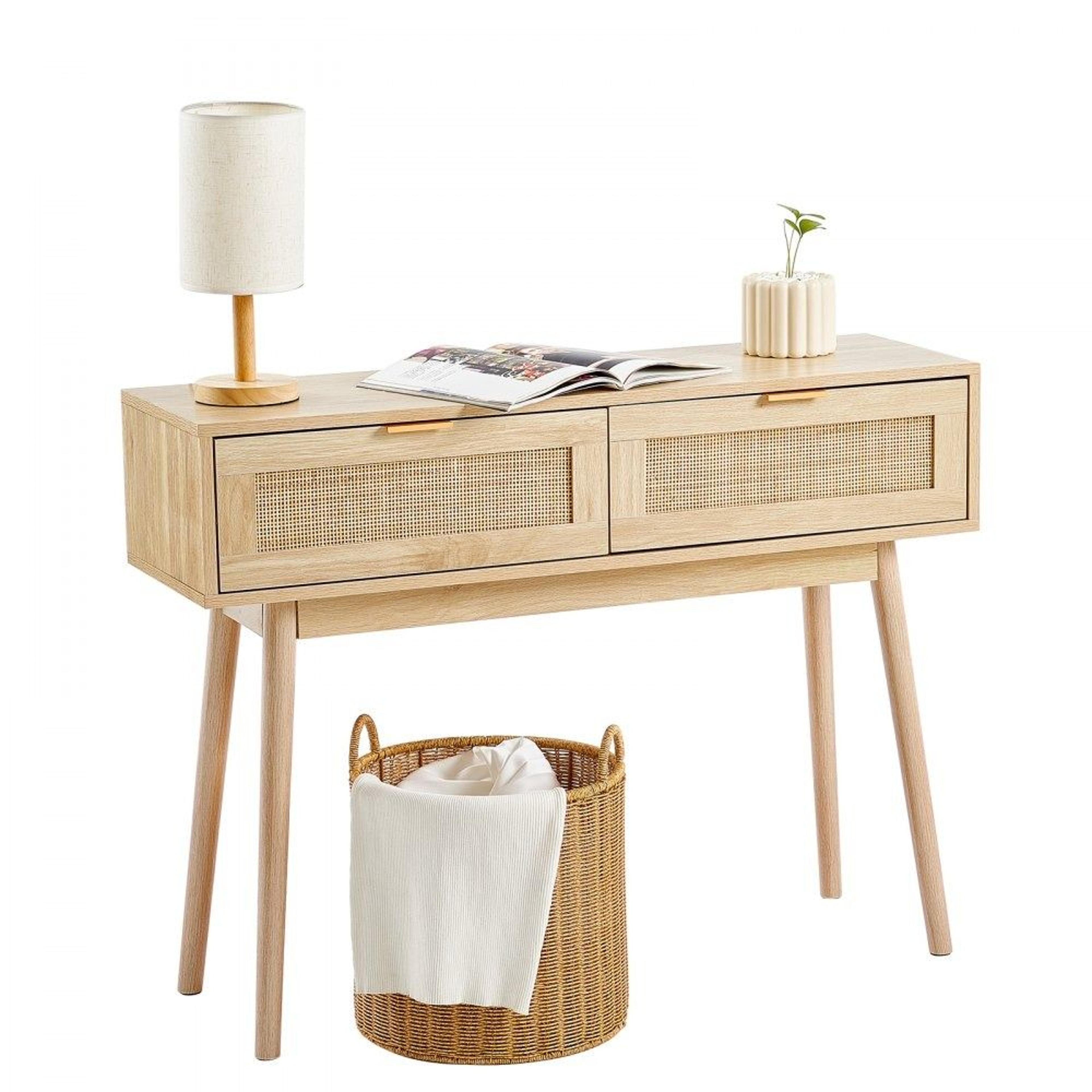 natural rattan console table with drawers and sliding door entryway storage
