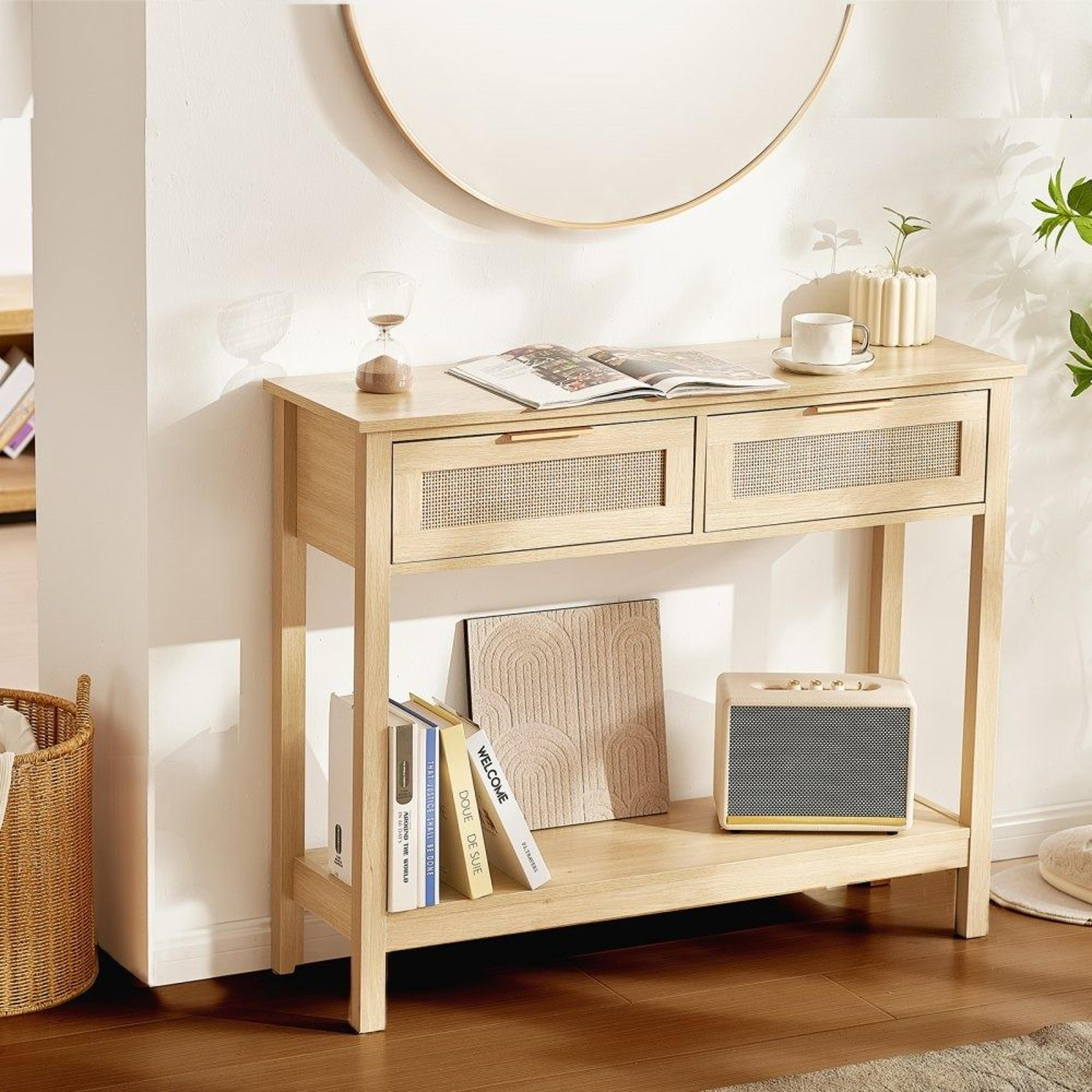 natural rattan console table with storage drawers sliding door and open shelf