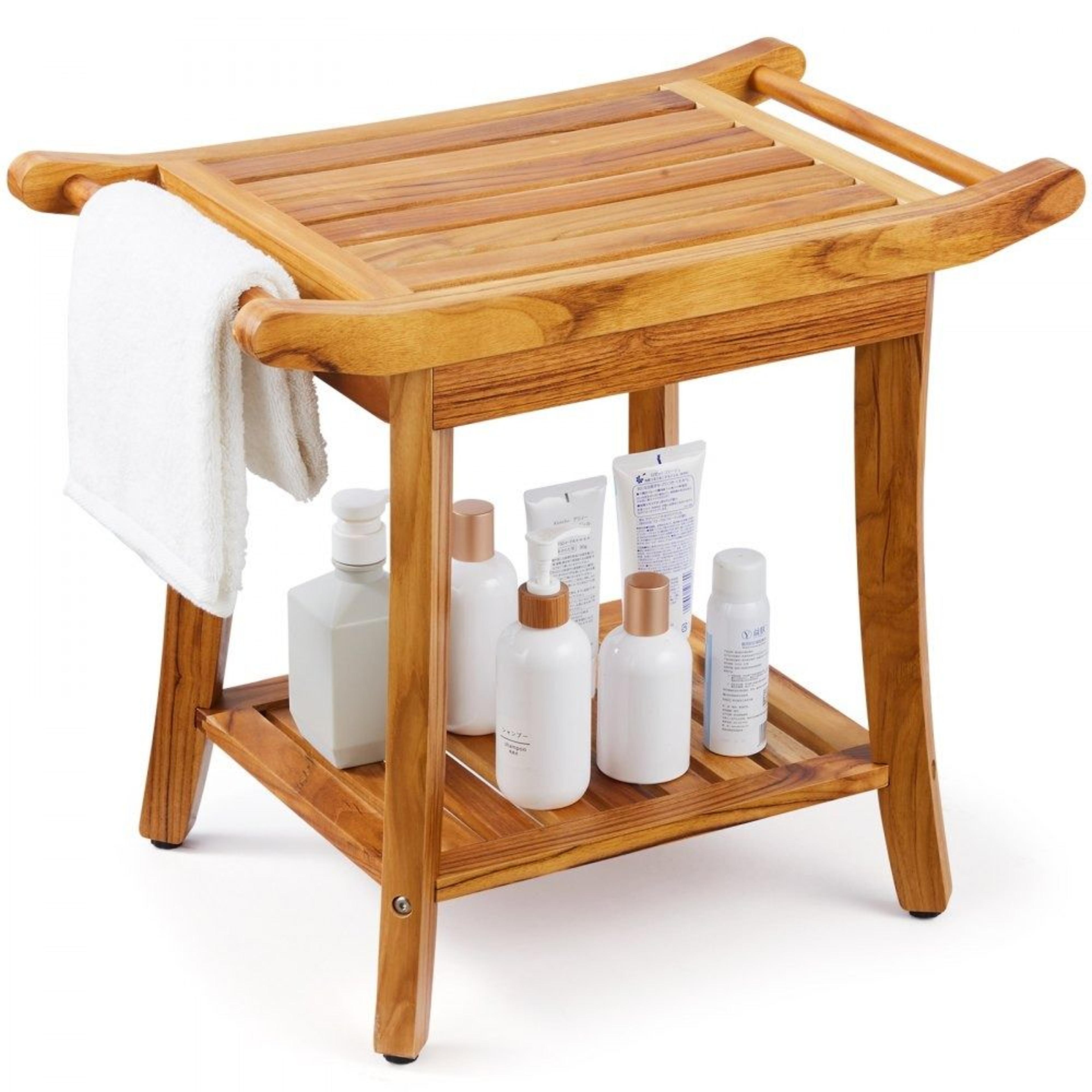teak shower bench with storage shelf non slip feet and 300 lb capacity