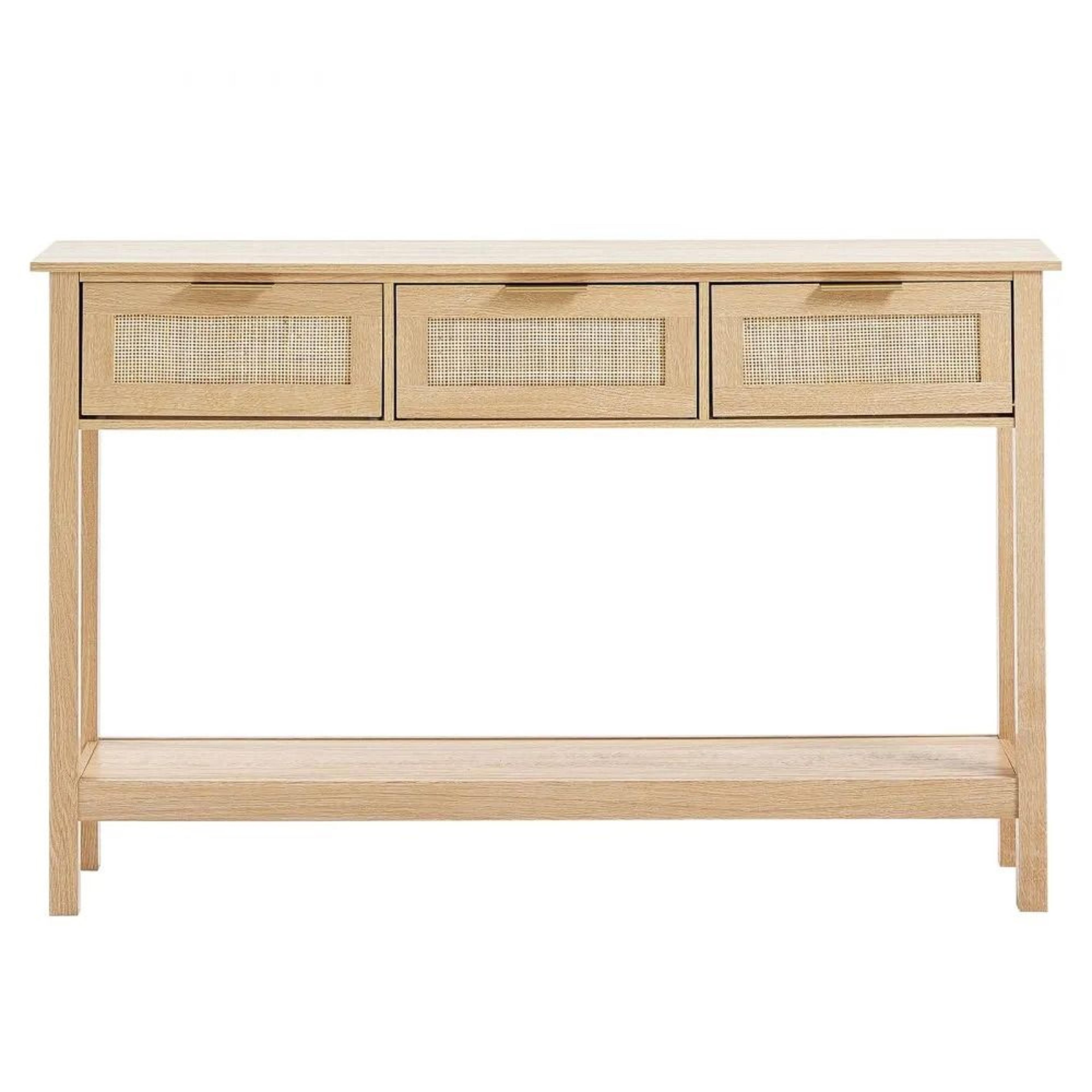 rattan console table with 3 drawers and sliding door entryway storage table