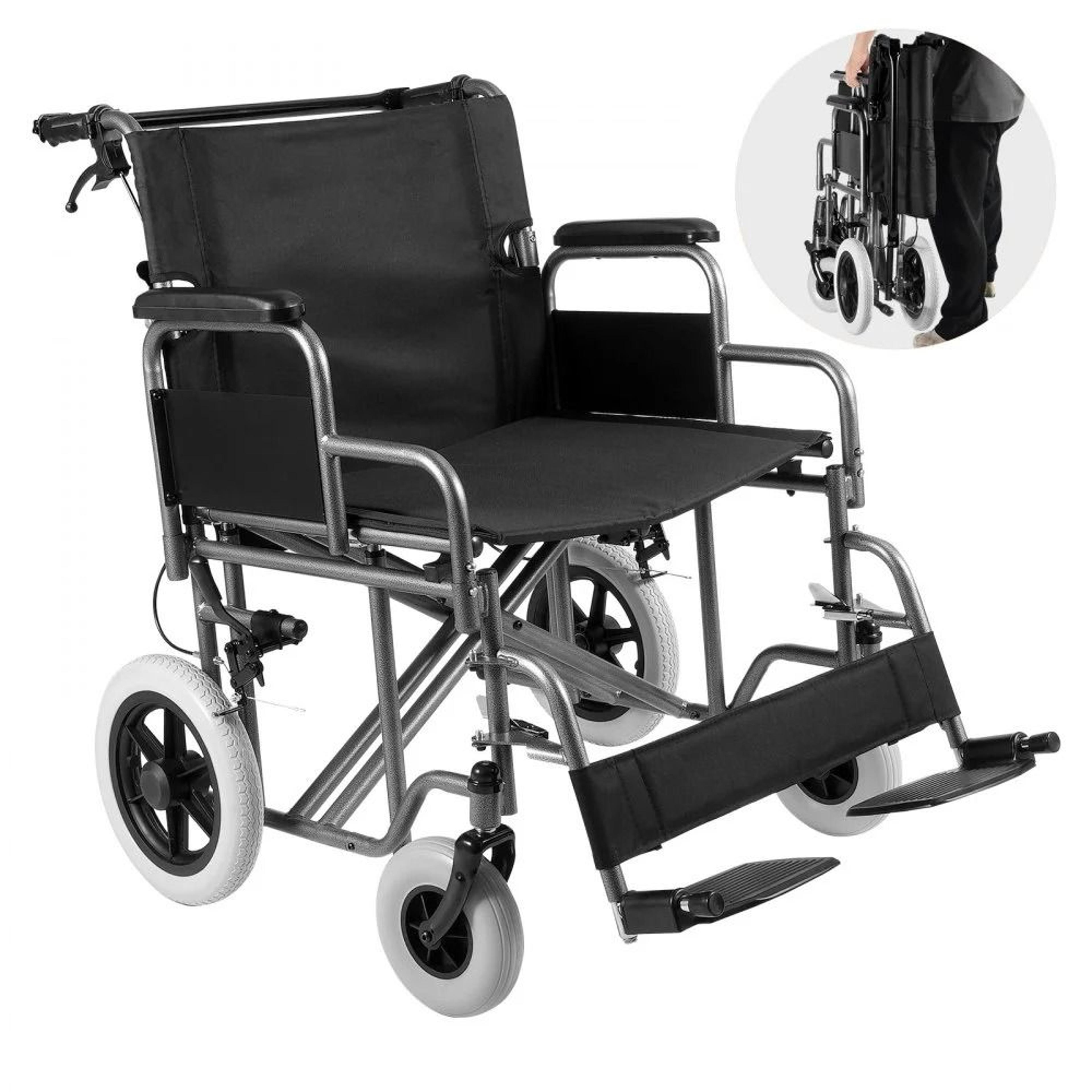 24 inch wide foldable wheelchair for adults with 300 lb capacity and self locking brakes
