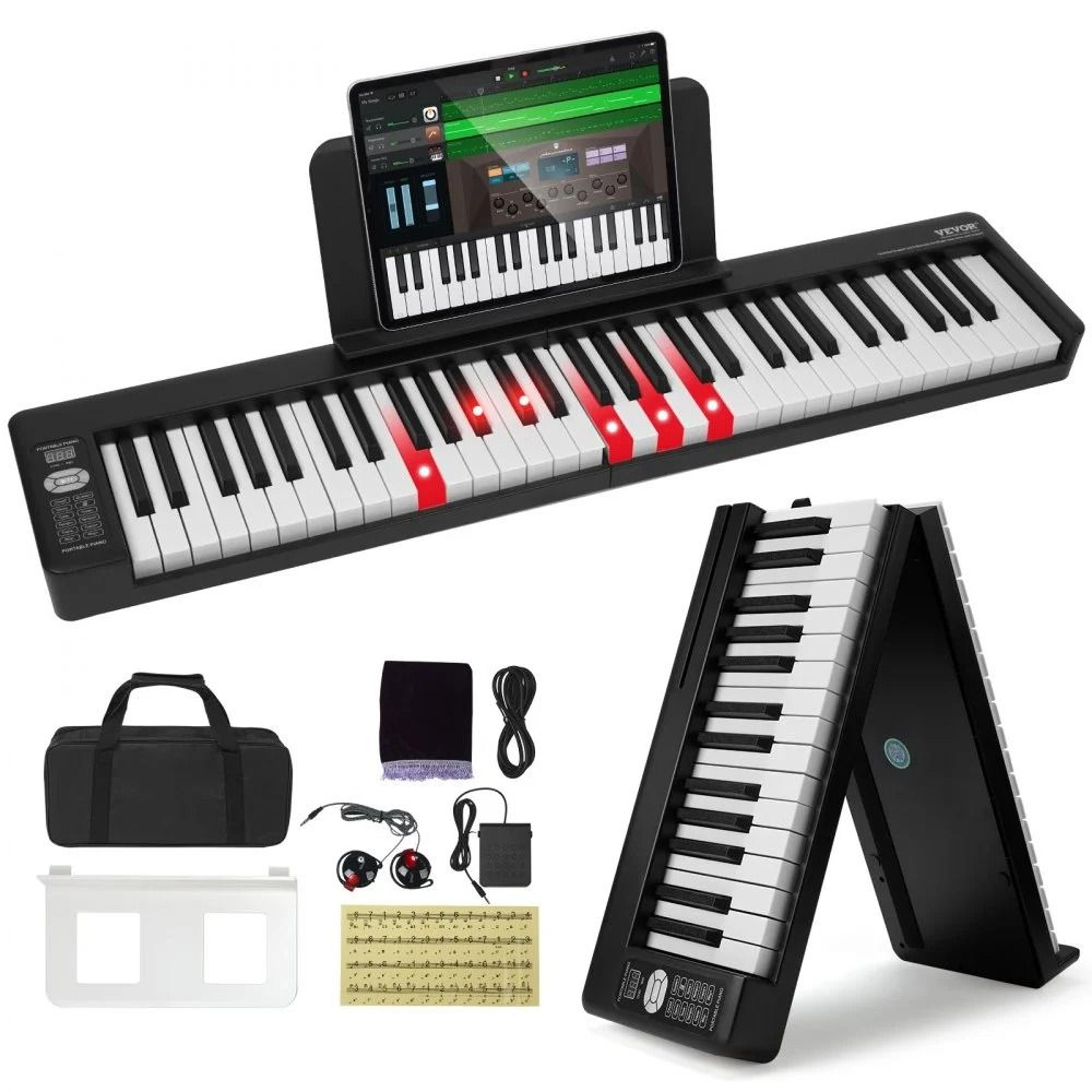 61 key foldable keyboard piano with bluetooth midi lighted touch sensitive keys