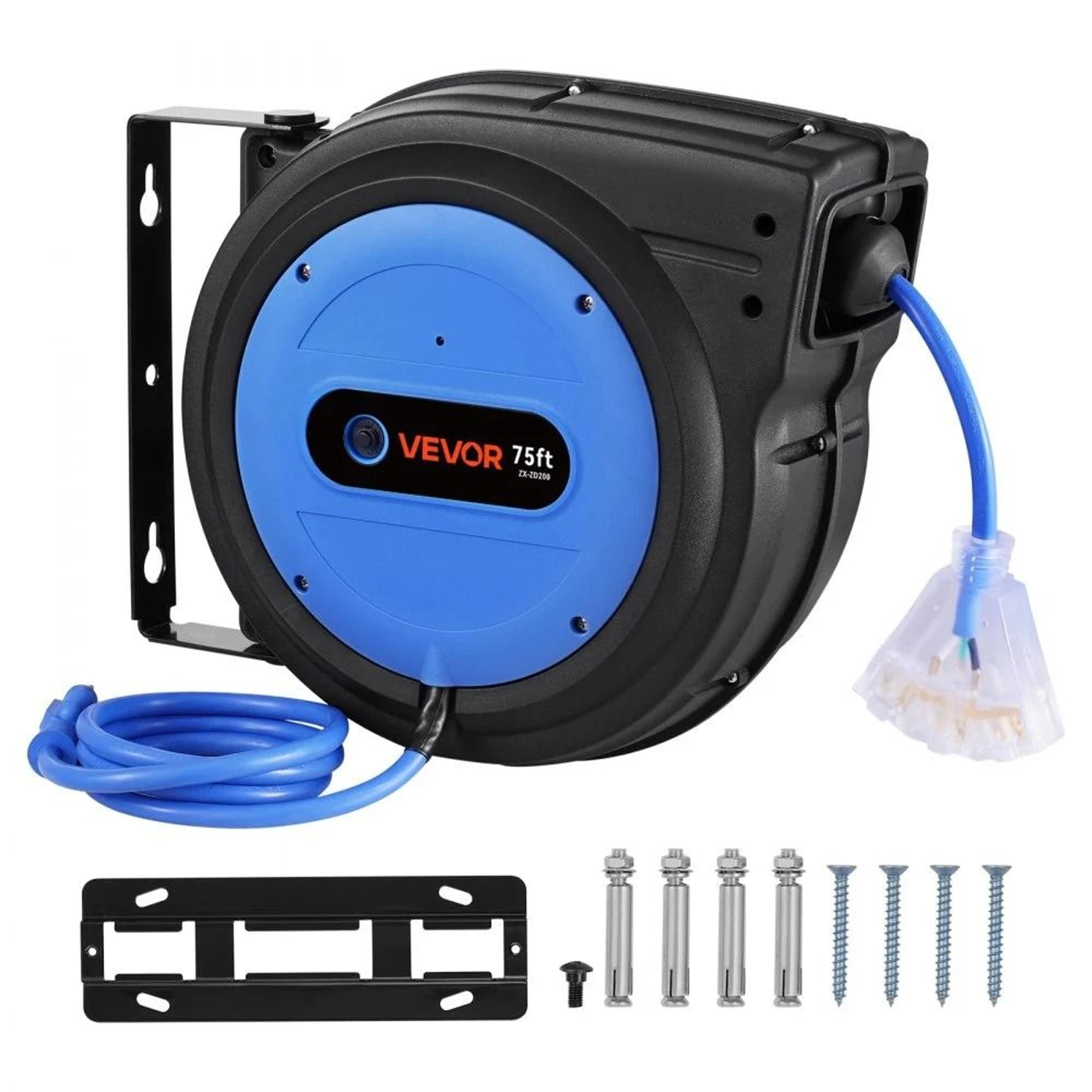 75ft heavy duty retractable extension cord reel with triple outlet