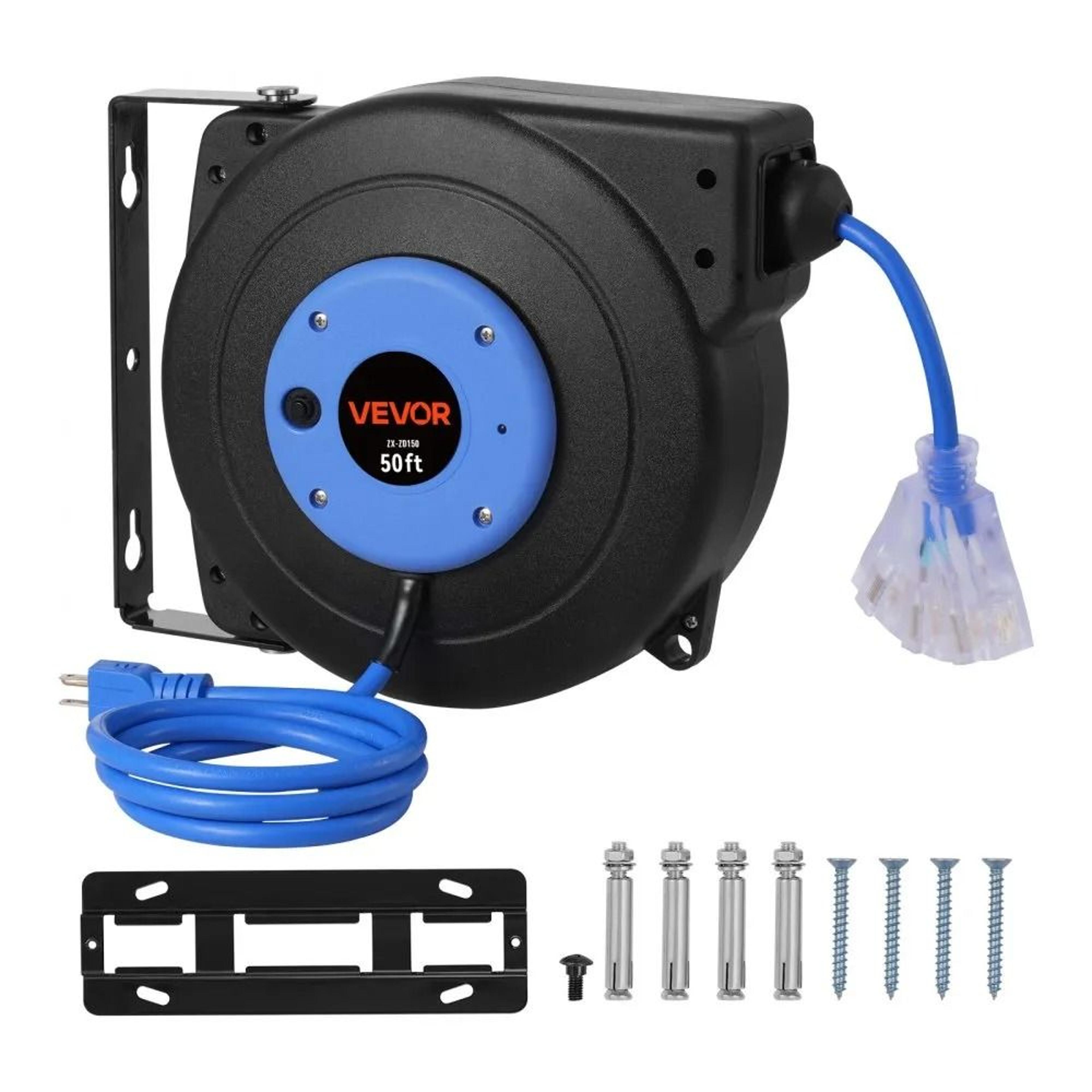 50 ft retractable extension cord reel with triple outlet and swivel wall mount