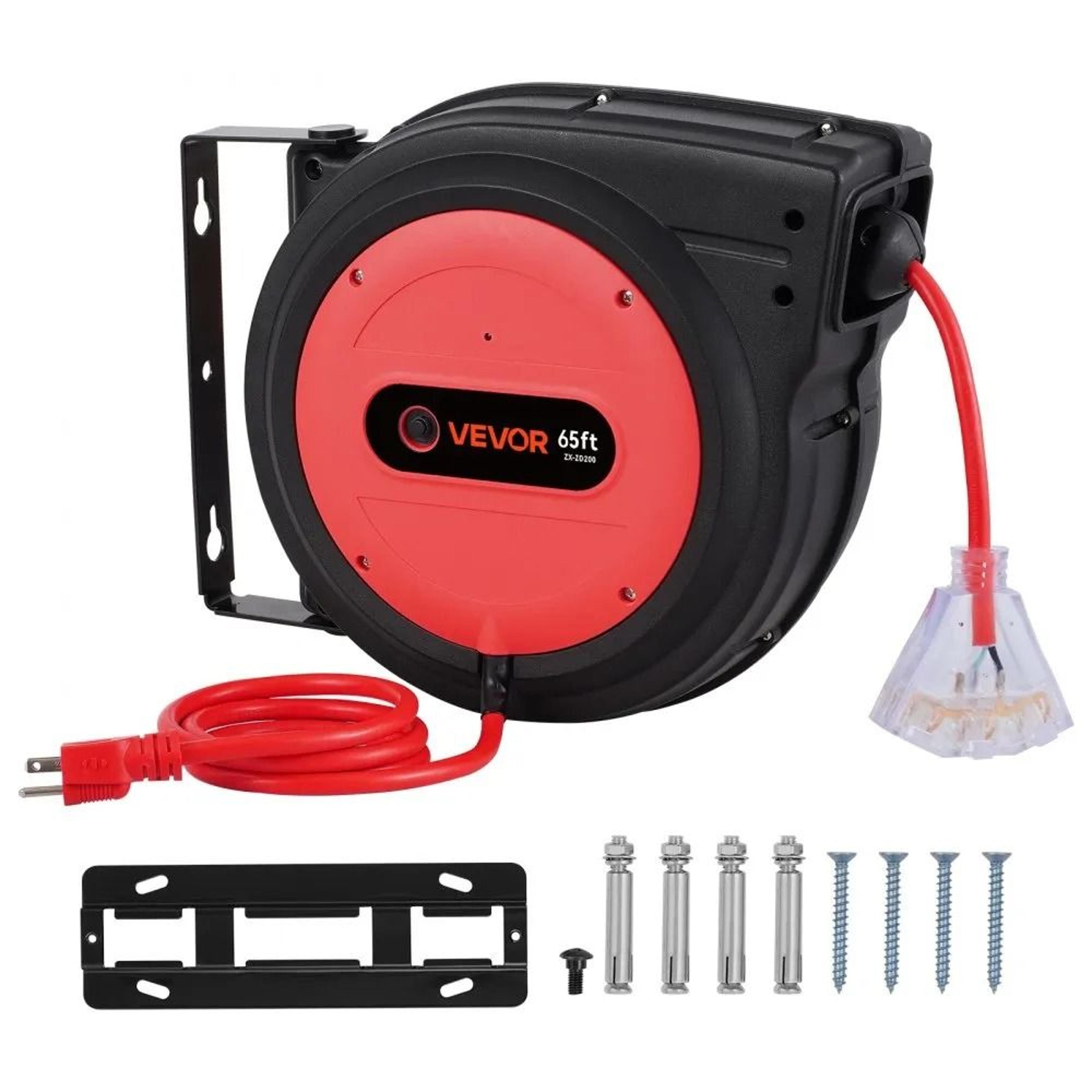 65 ft heavy duty retractable extension cord reel with triple outlet and 15a breaker
