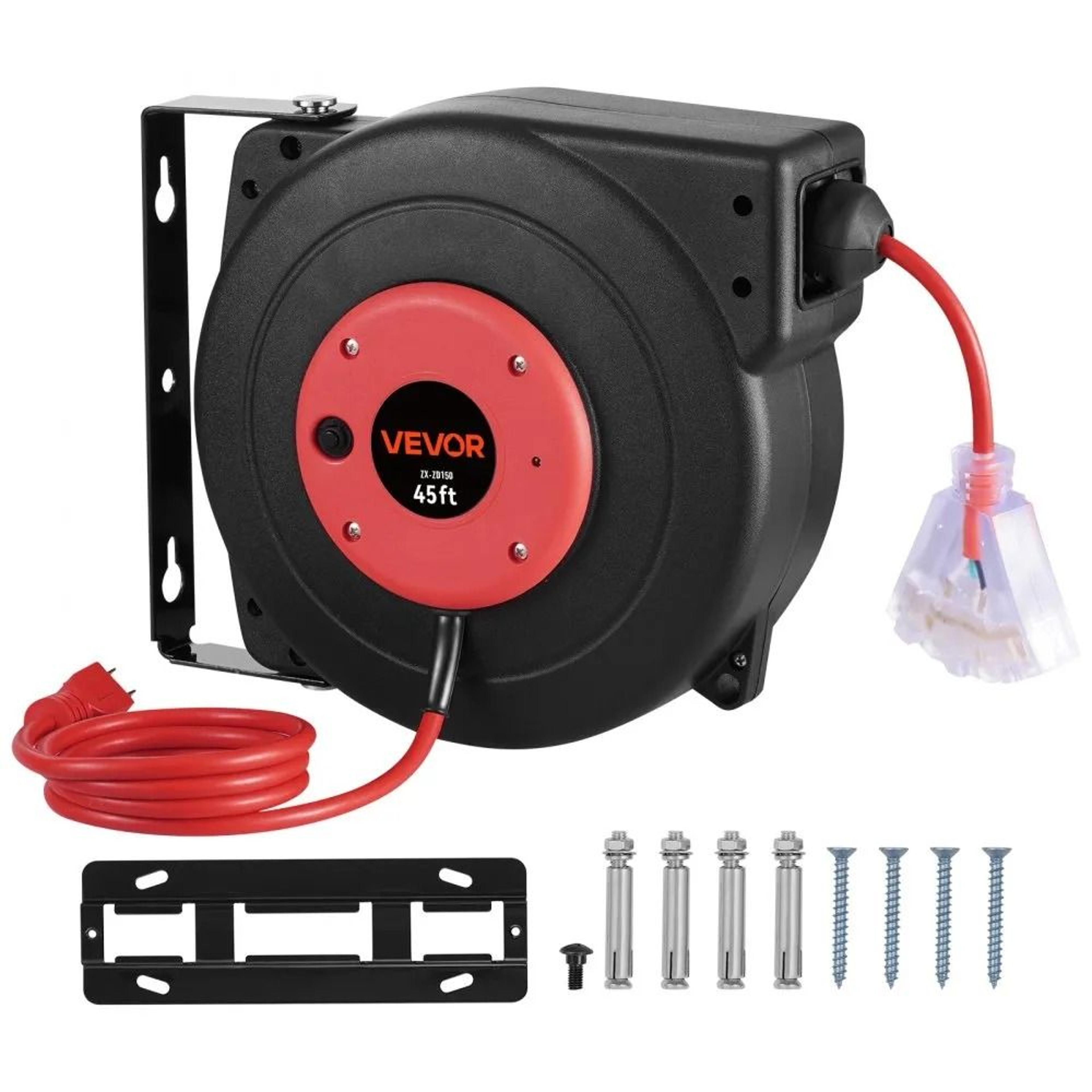 45ft retractable extension cord reel heavy duty power cord with triple outlet