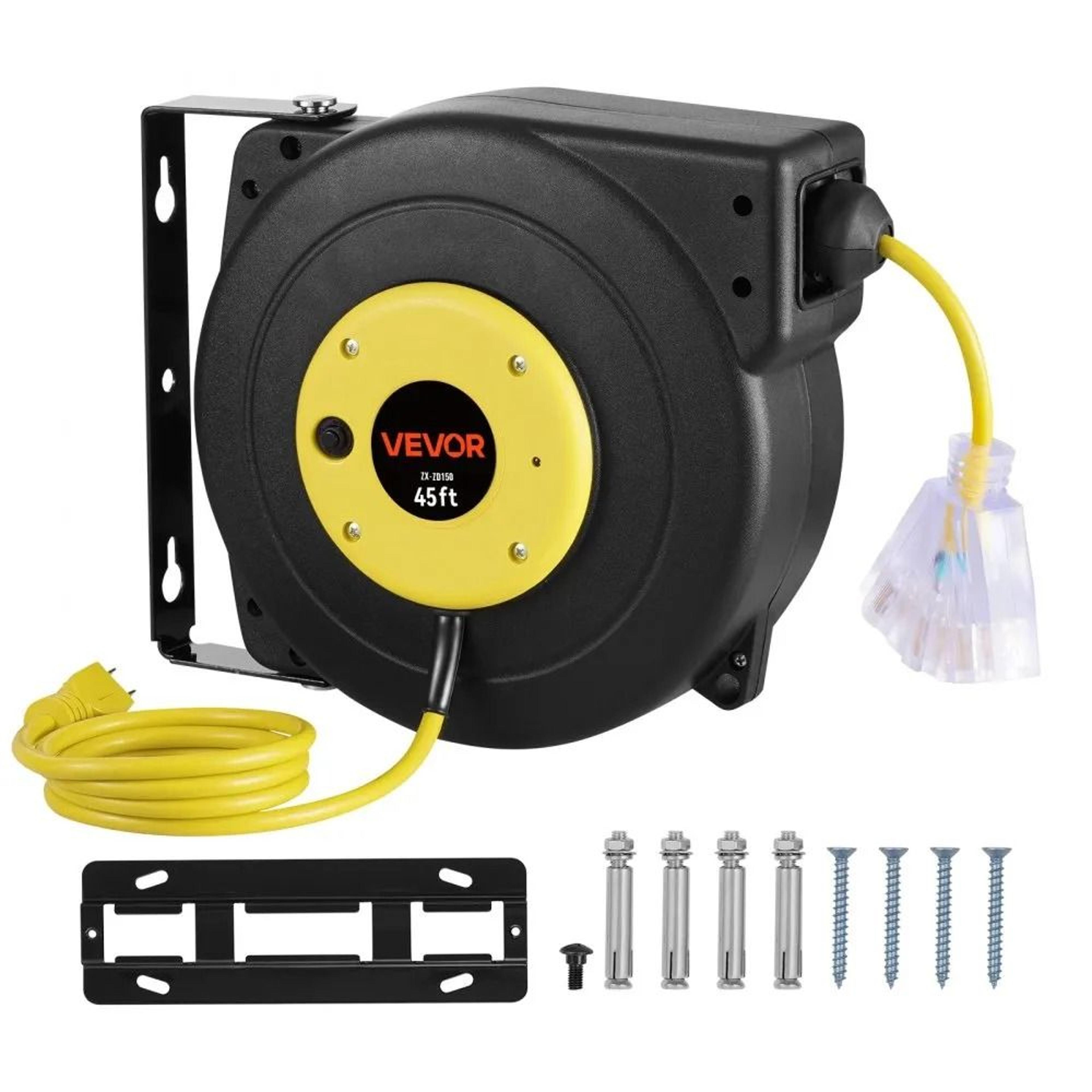 45 ft retractable extension cord reel heavy duty 12awg power cord with triple outlet