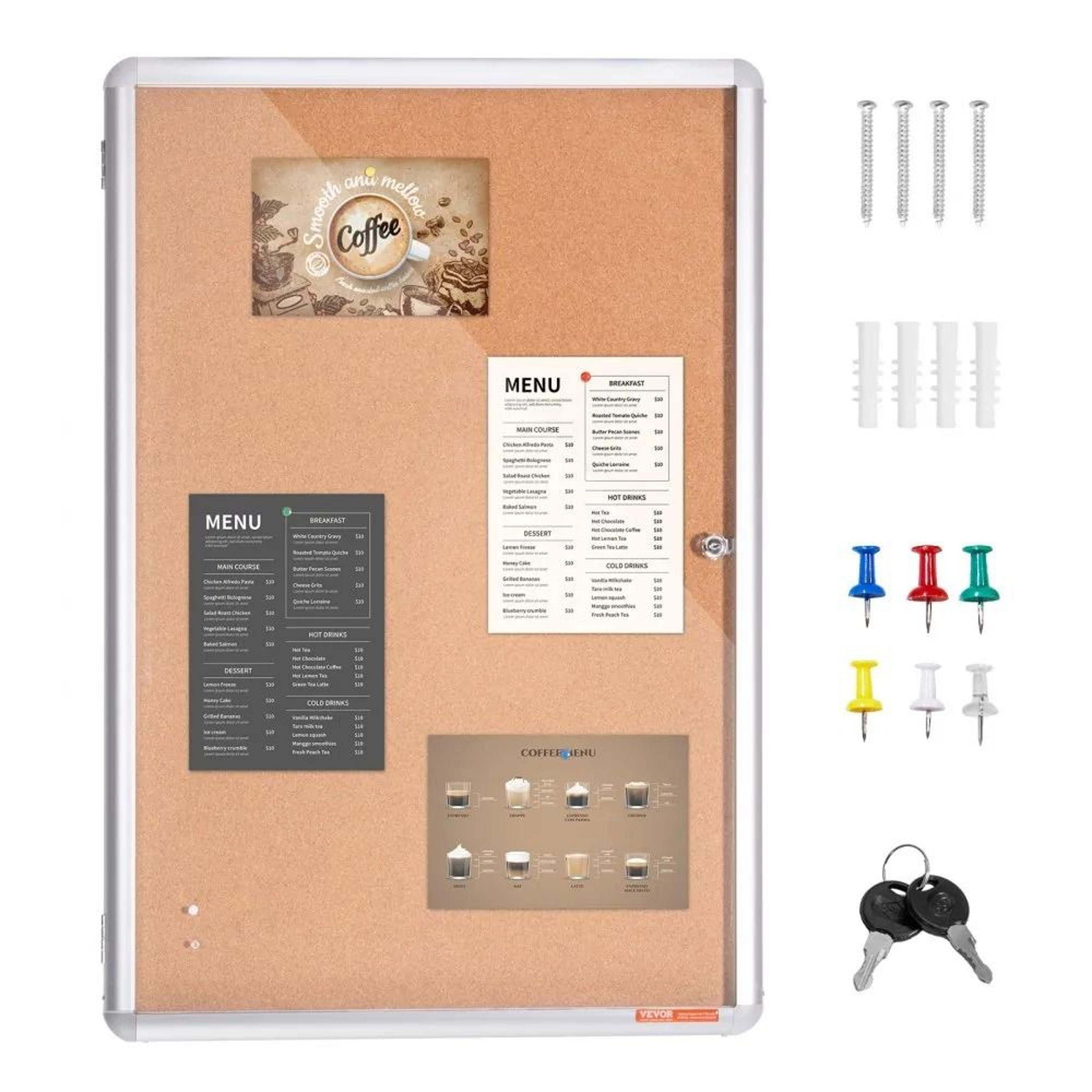 36 x 24 enclosed cork bulletin board with lockable display case and aluminum frame