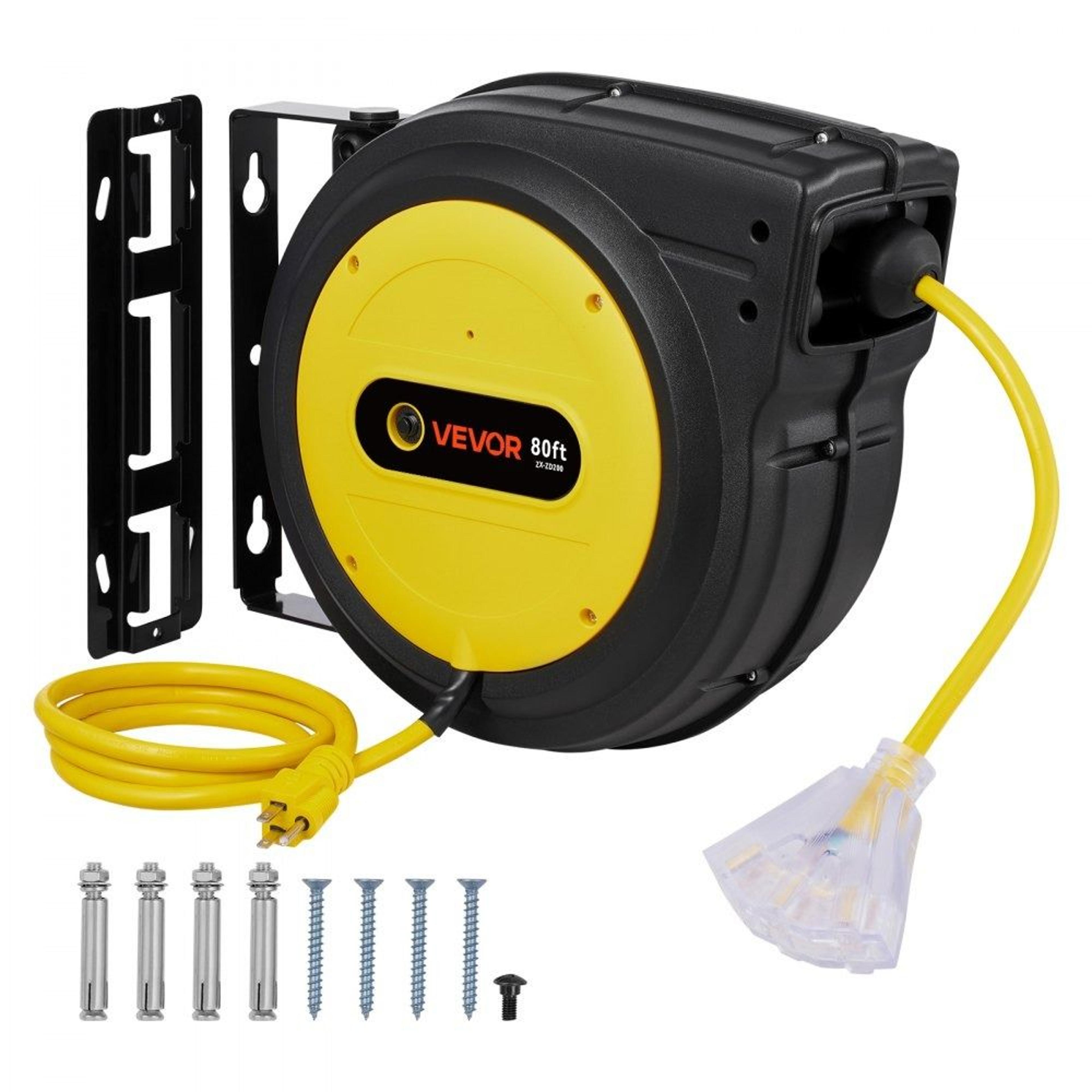 80ft heavy duty retractable extension cord reel with triple outlet and swivel mount