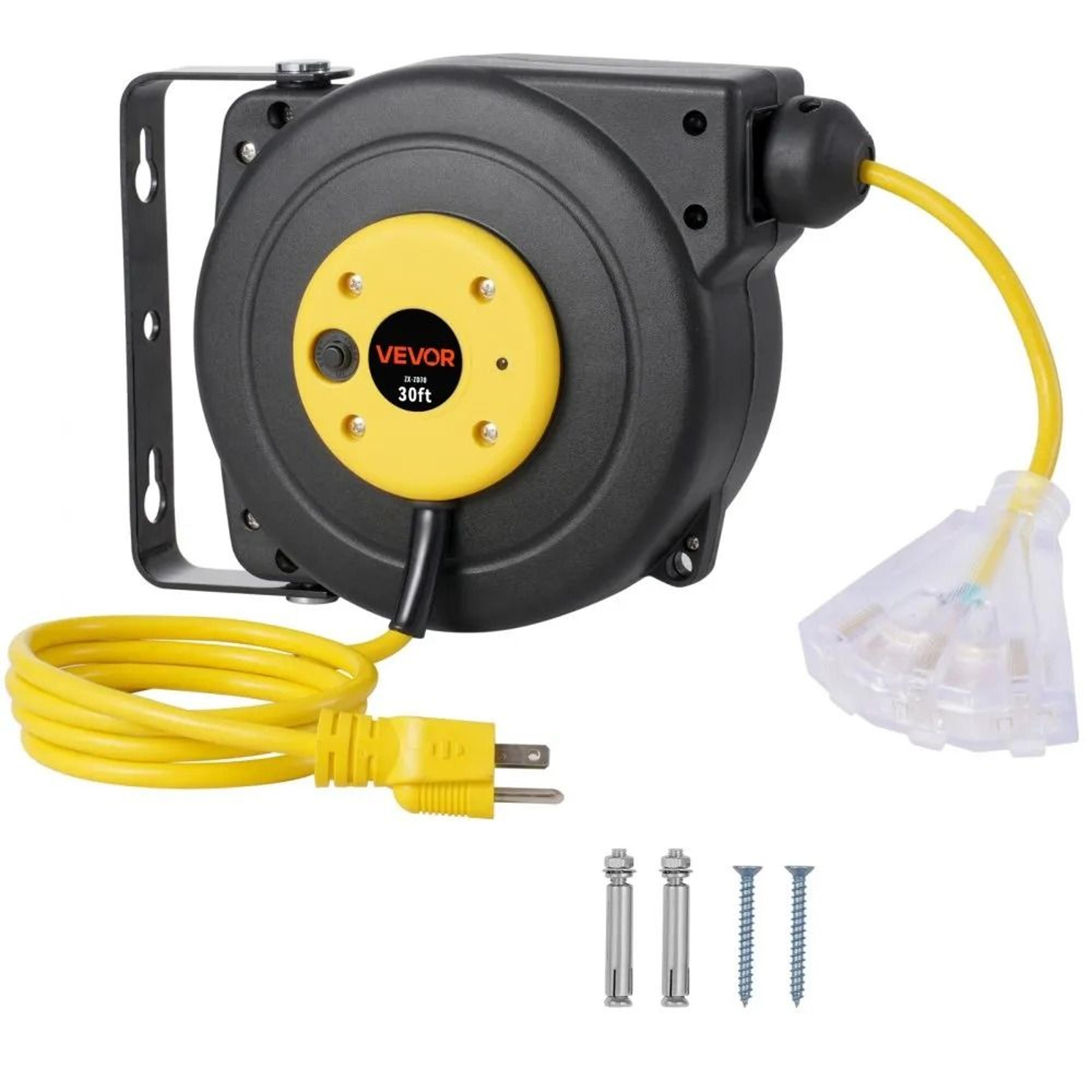 30 ft retractable extension cord reel with triple outlet and overload protection