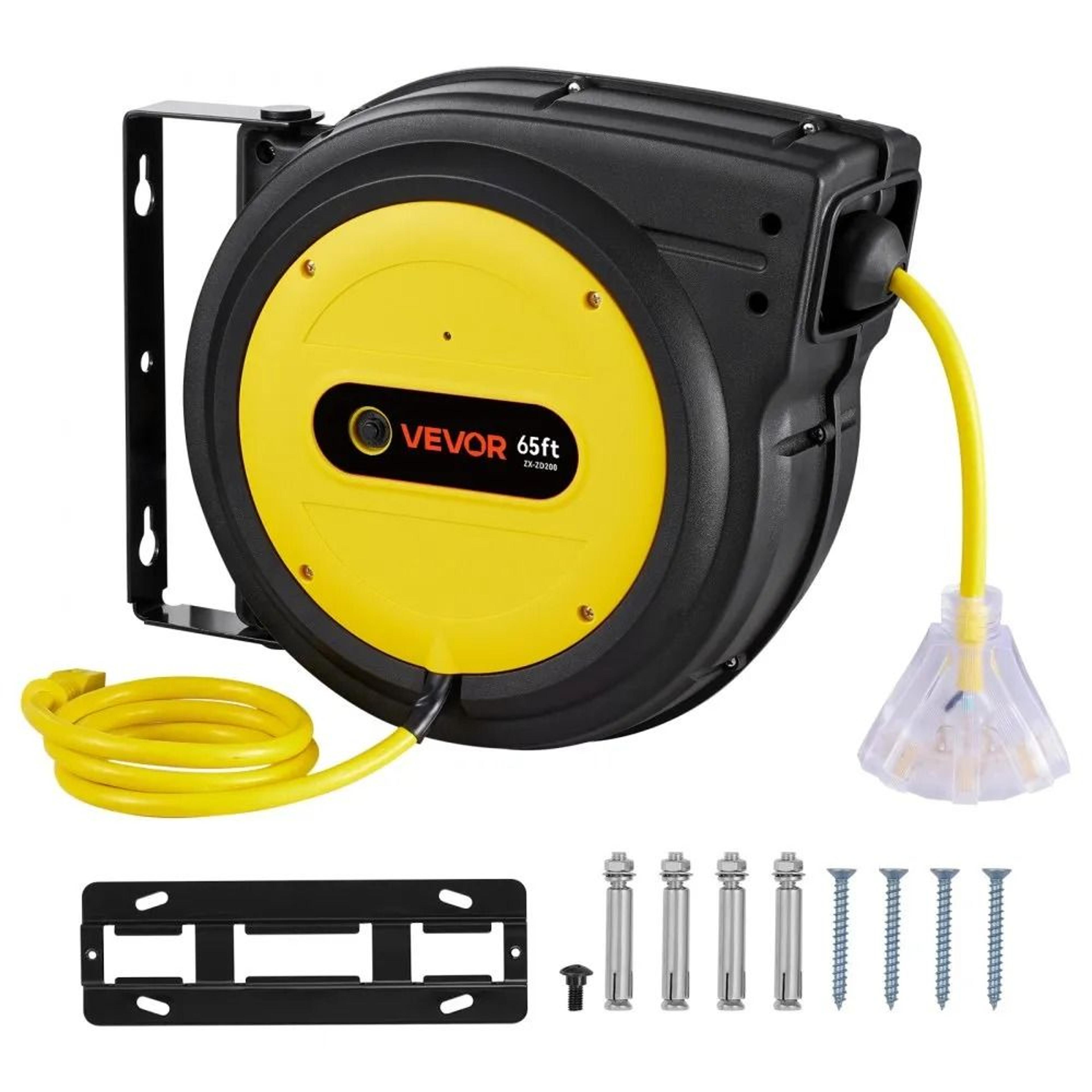 65 ft retractable extension cord reel heavy duty 12awg power cord with triple outlet