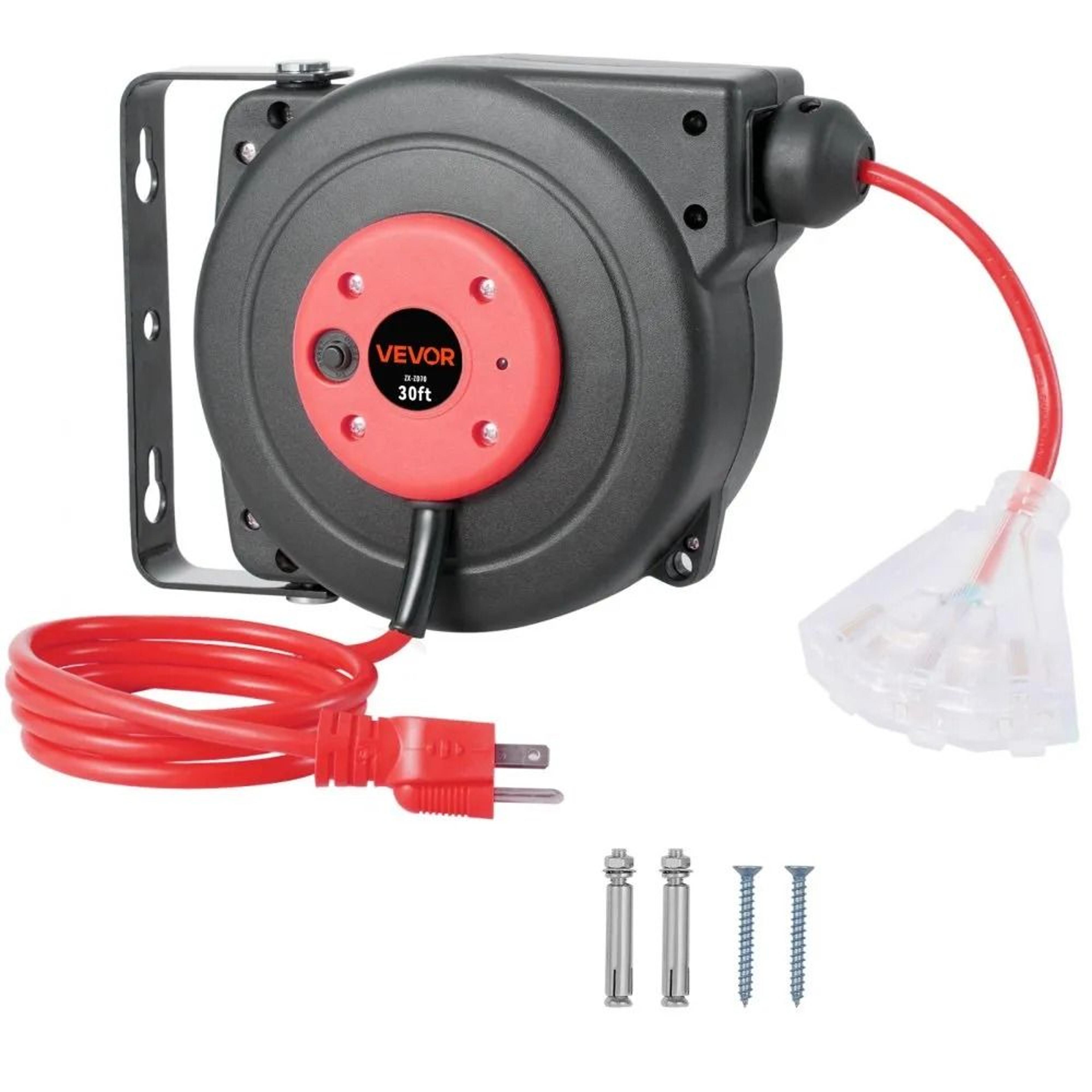 heavy duty retractable extension cord reel with triple outlet