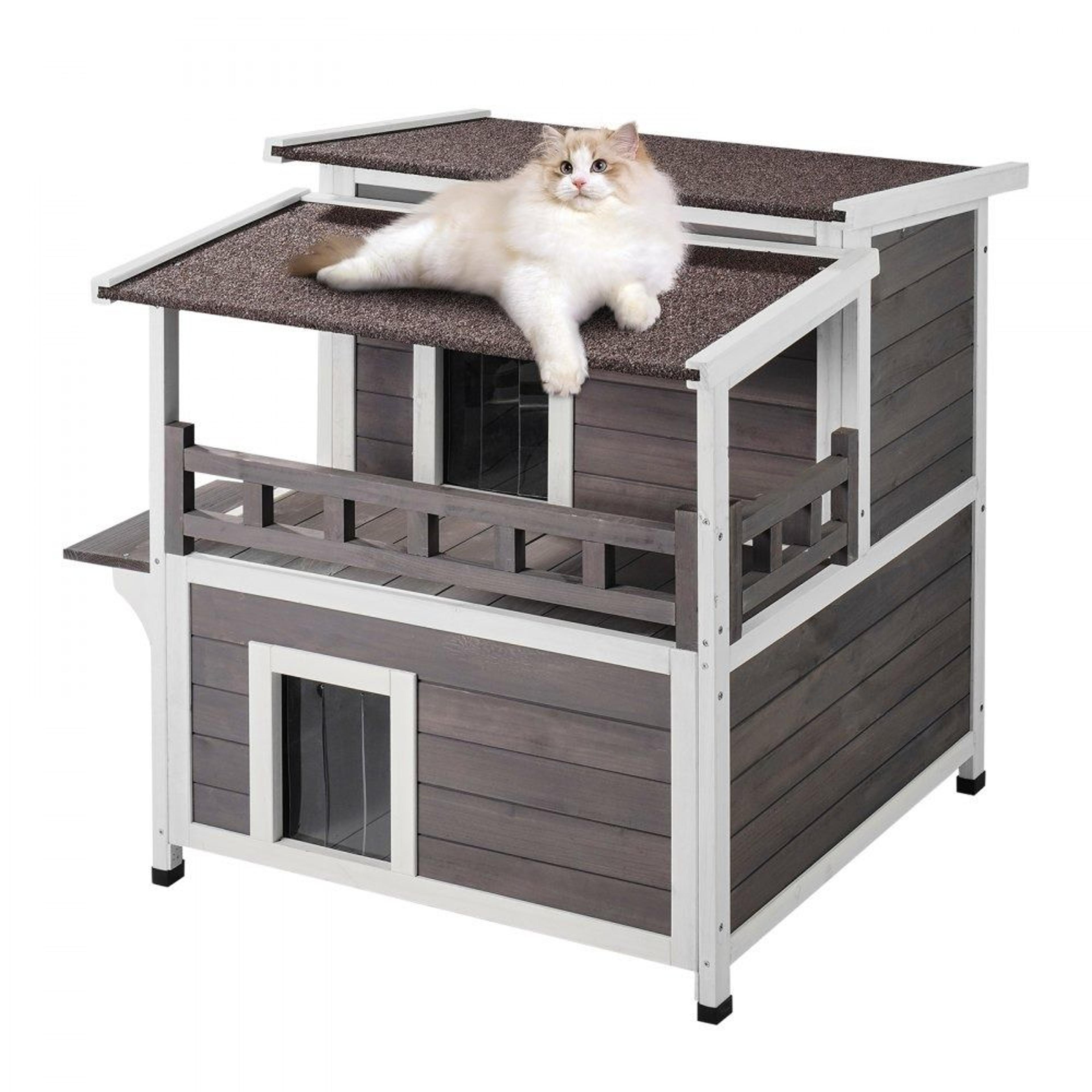 weatherproof wooden outdoor cat house with balcony for multiple cats