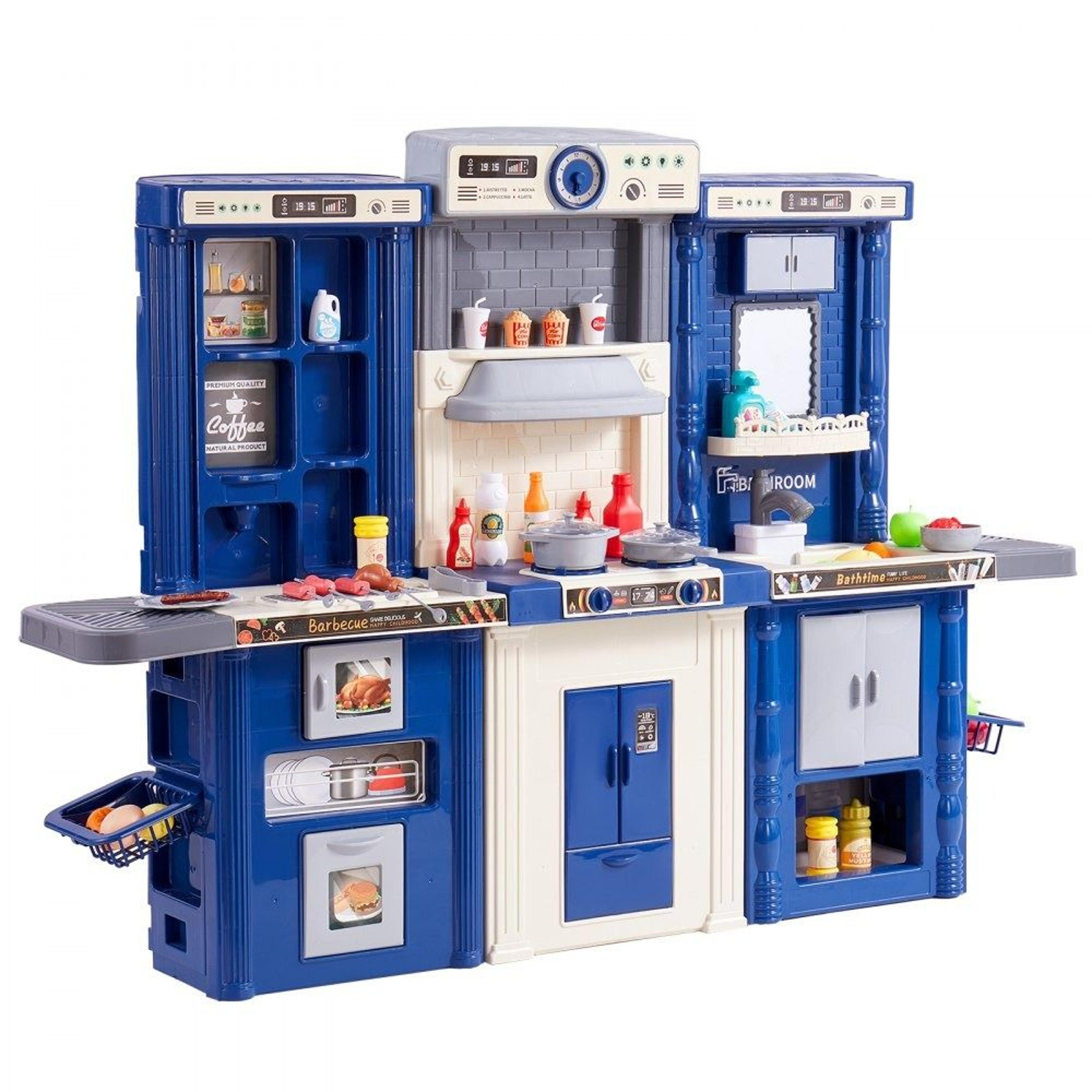 3 in 1 kids kitchen playset with lights sounds steam and 74 piece cooking accessories